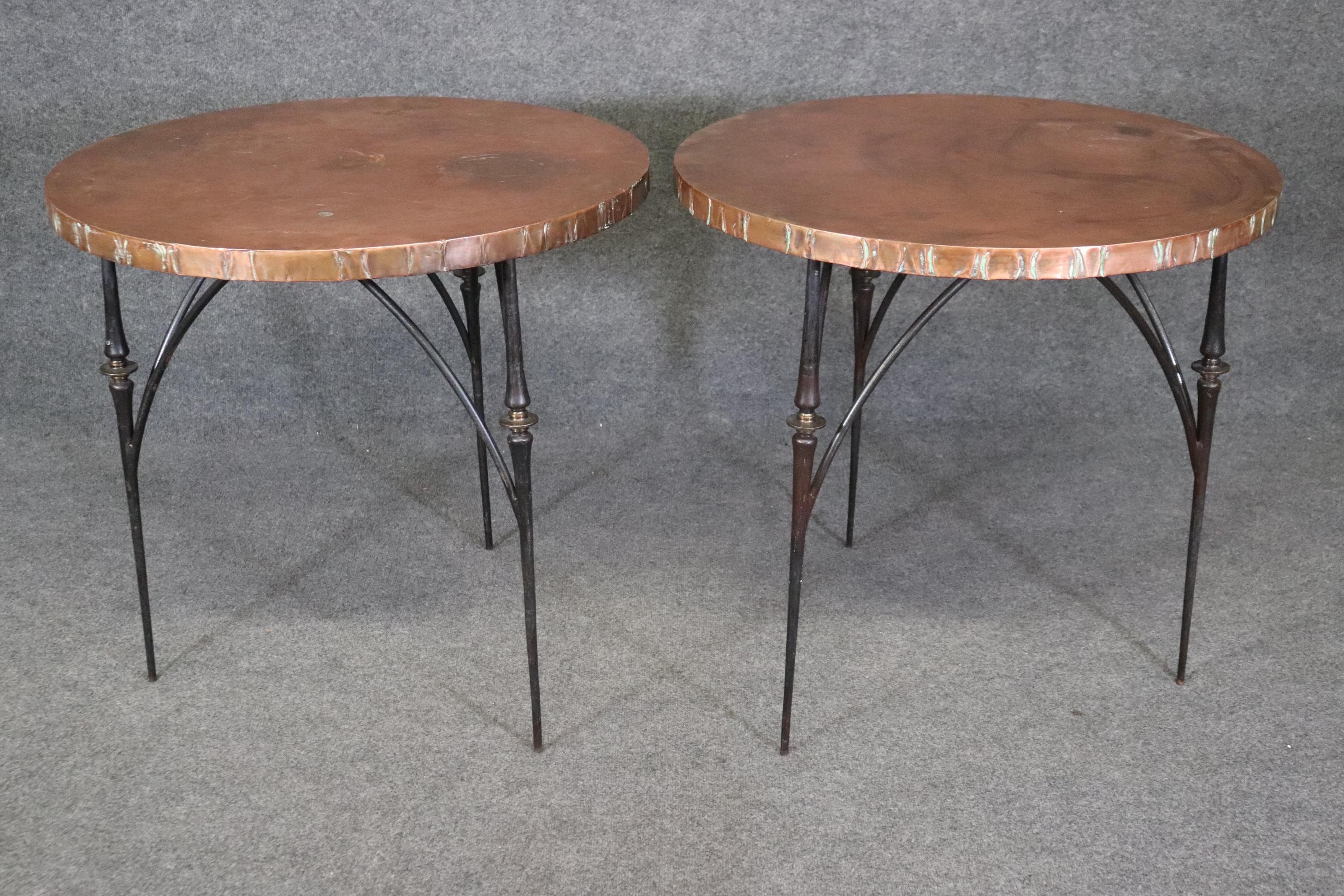 Pair of Hand Wrought Iron Brass and Copper French Directoire Style End Tables 1
