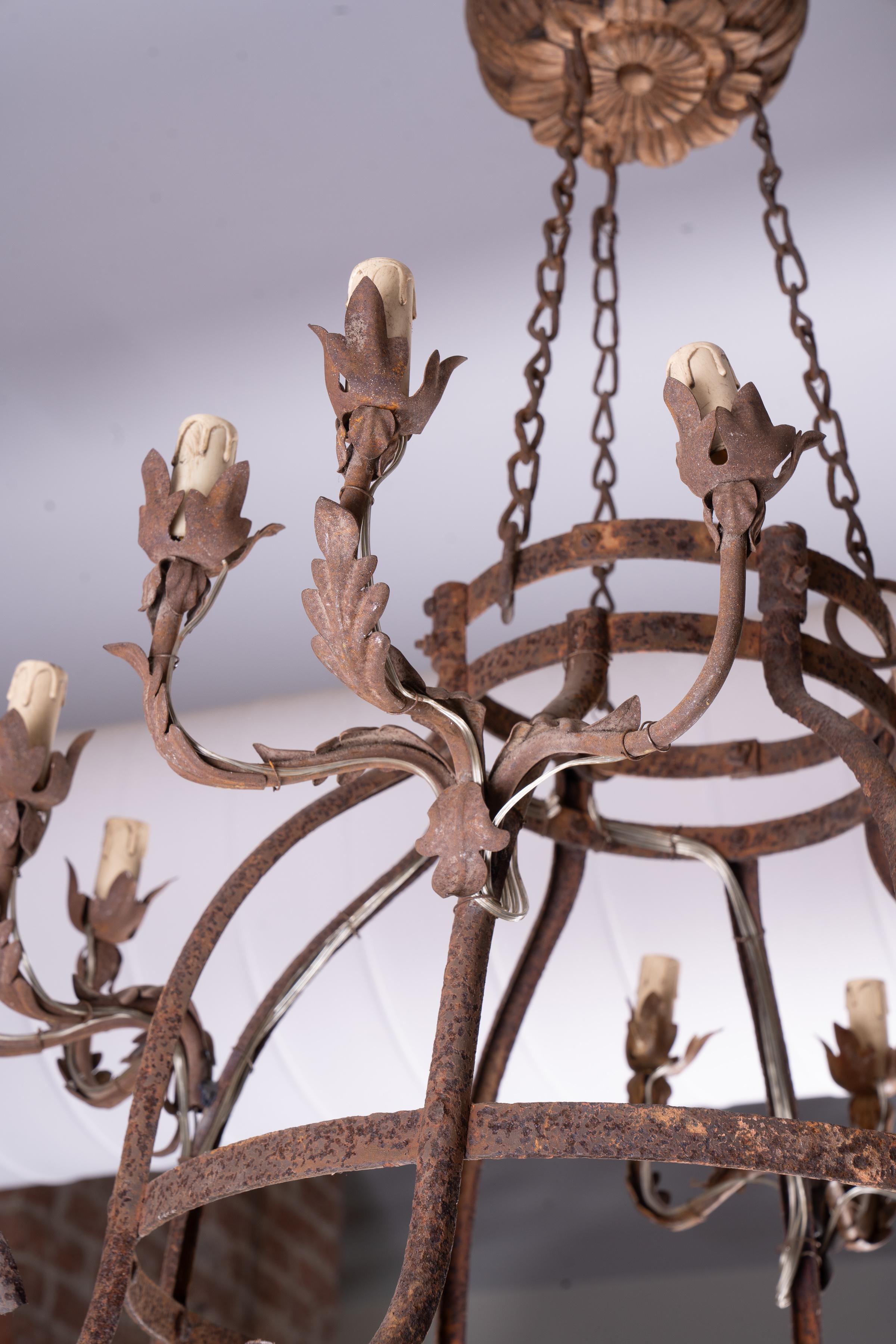 Belle Époque Pair of Hand Wrought Iron Chandeliers  For Sale