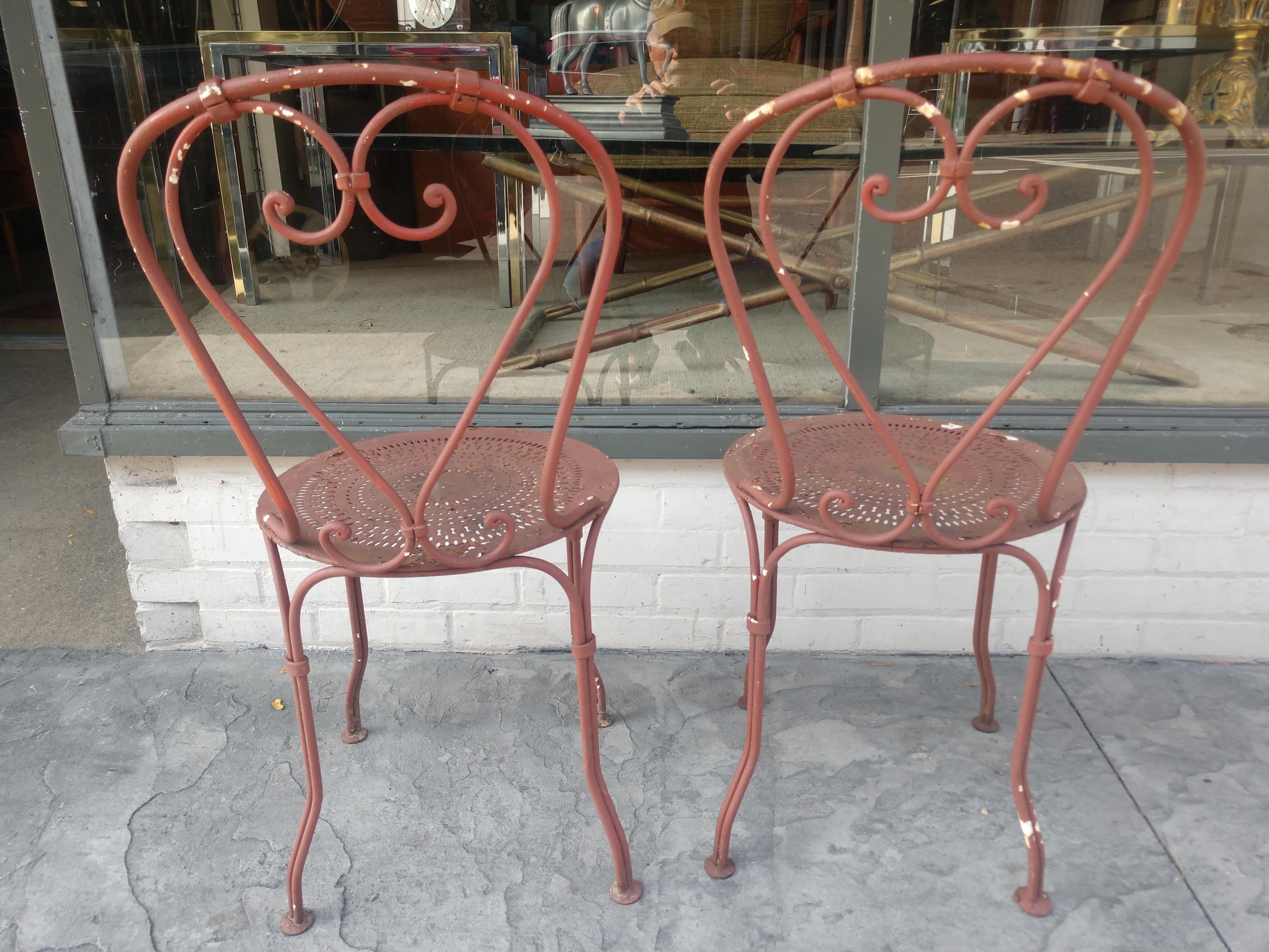 Neoclassical Pair of Handwrought Iron French Bistro Chairs, circa 1947