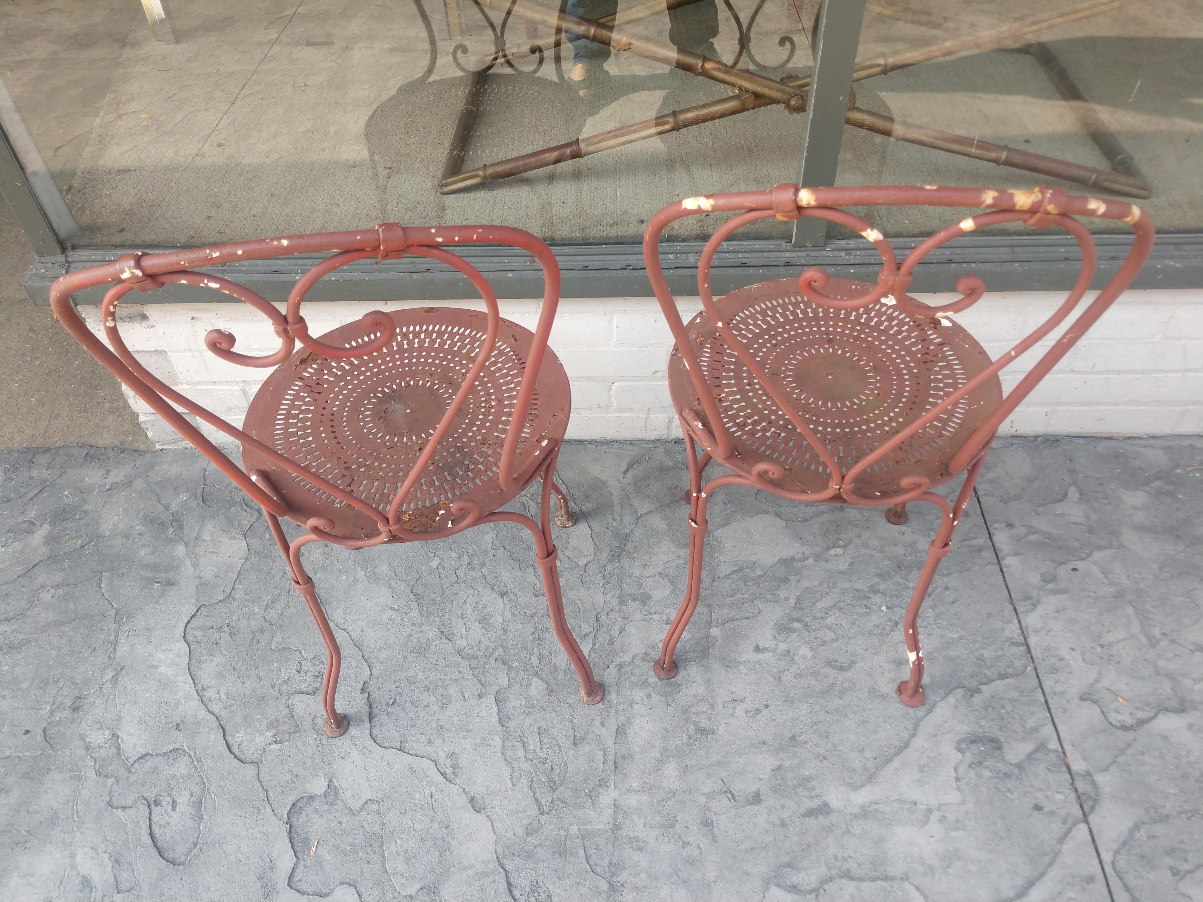 Hand-Crafted Pair of Handwrought Iron French Bistro Chairs, circa 1947