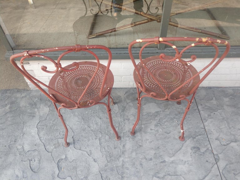Mid-20th Century Pair of Handwrought Iron French Bistro Chairs, circa 1947
