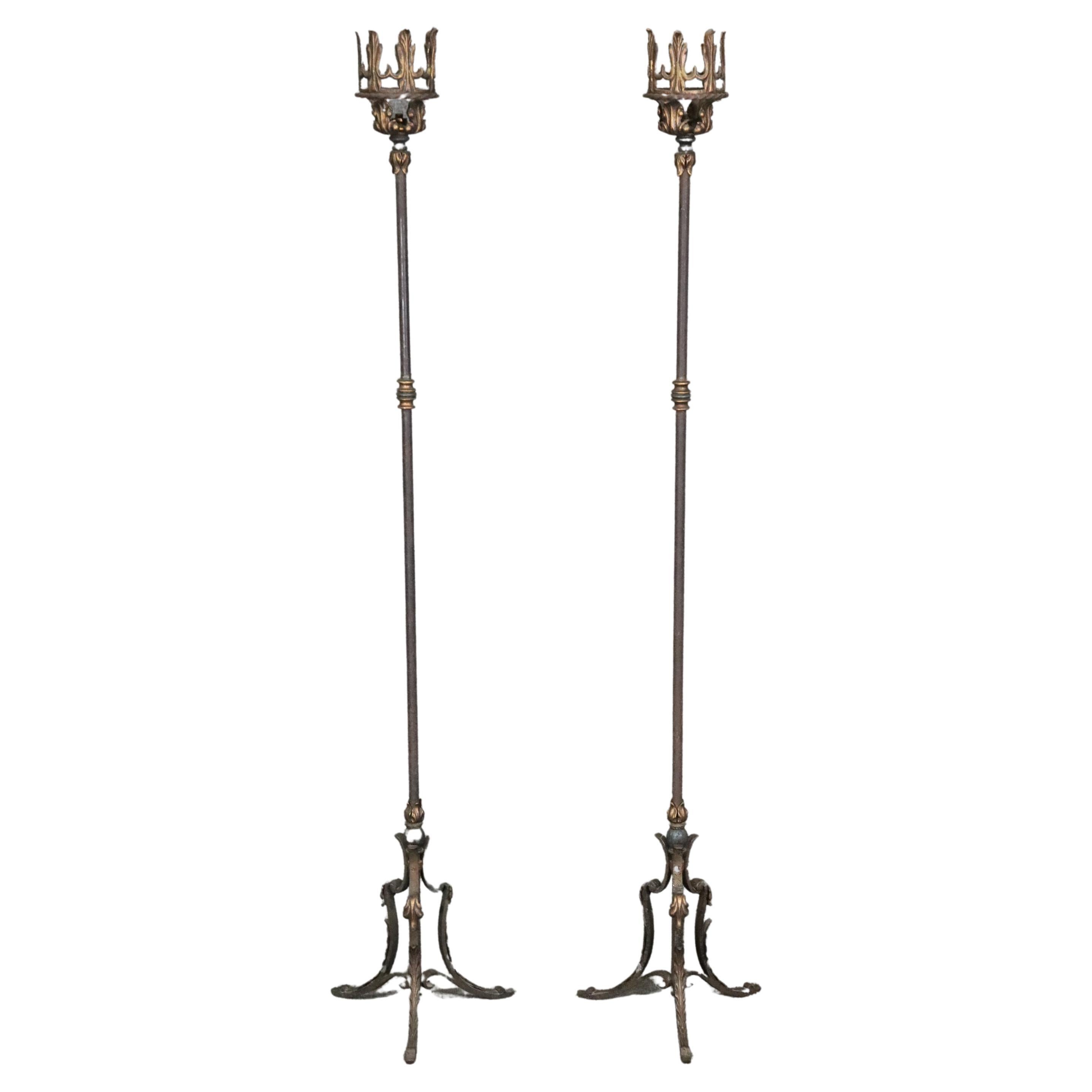 Pair of Hand-Wrought Iron Non Electrified Candle Sticks manner of Oscar Bach For Sale
