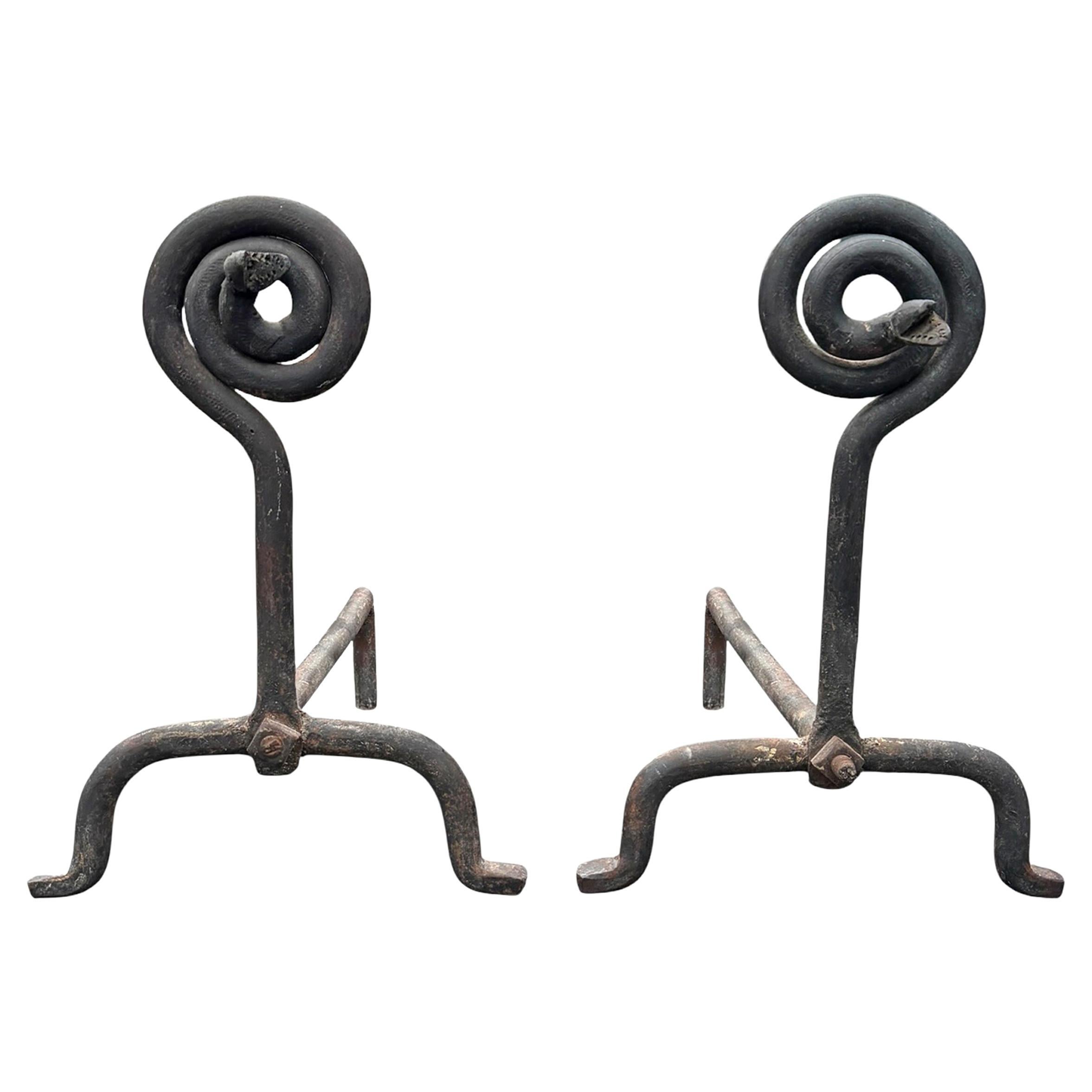 Pair of Hand-Wrought Iron Serpent Andirons, Early 20th Century