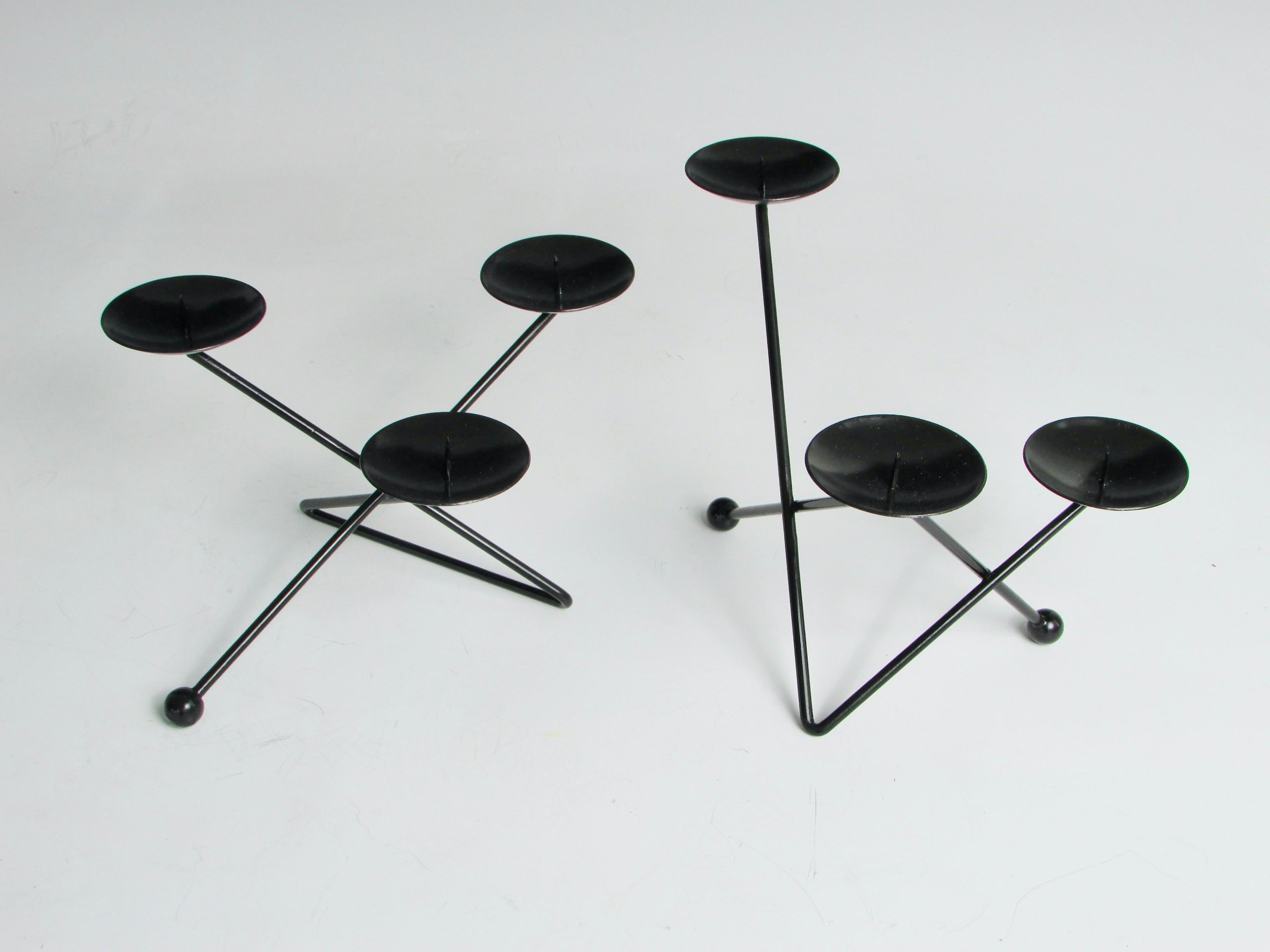 Wrought Iron Pair of Hand Wrought Modernist Candle Stick Holders Marked J. Swoboda Austria For Sale