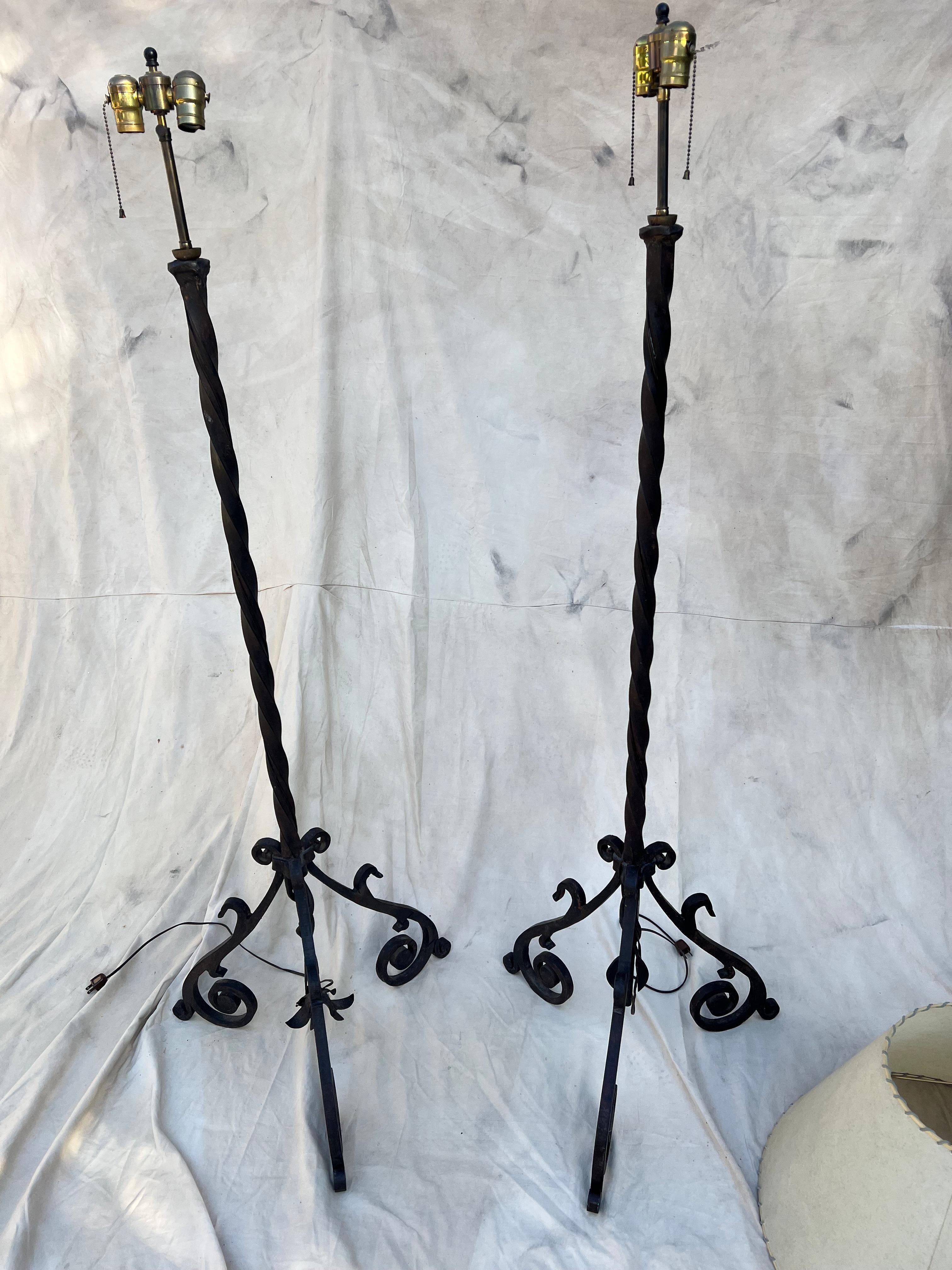 Pair of Hand Wrought Twisted Iron Floor Lamps with Custom Parchment Shades  For Sale 5