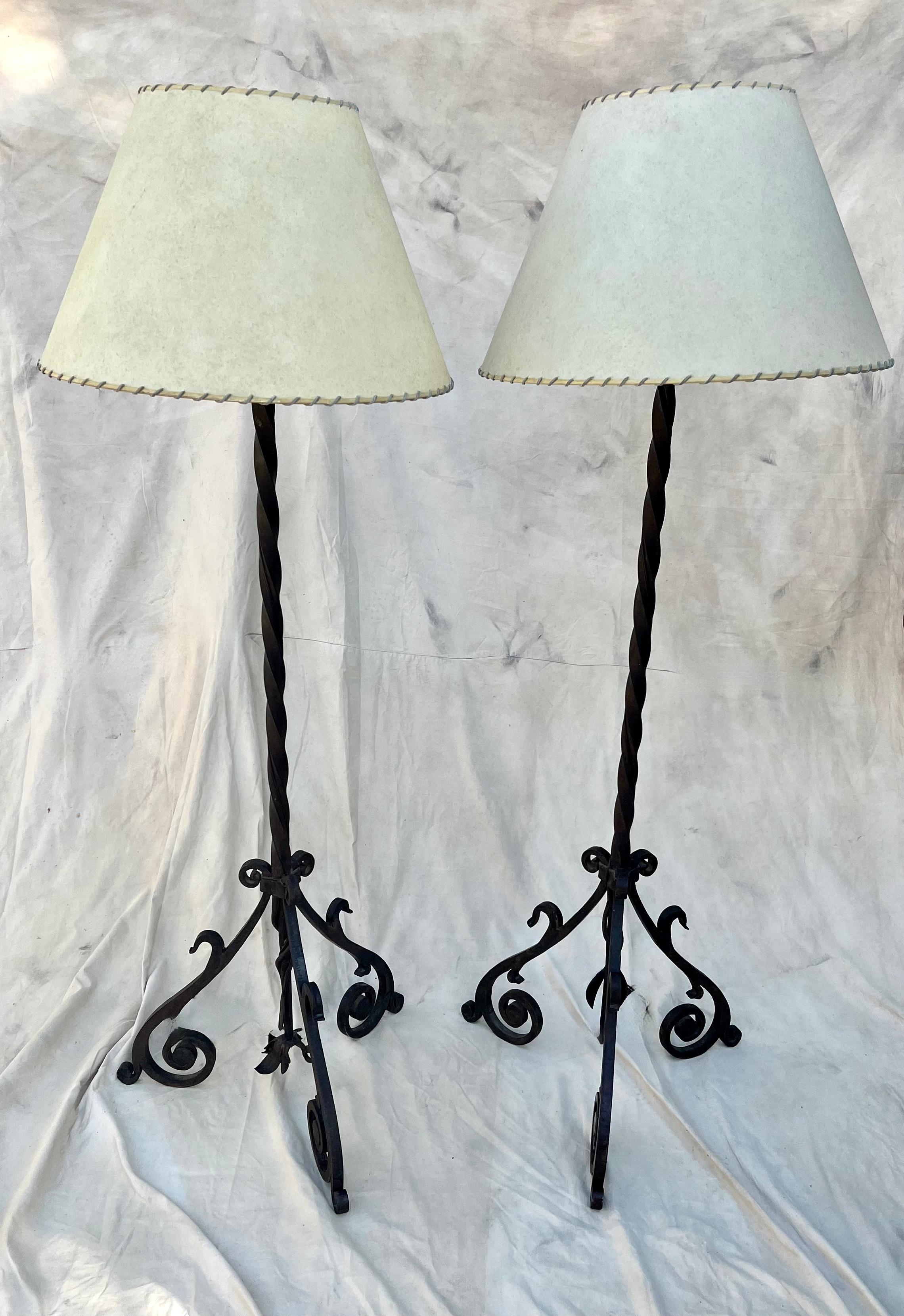 European Pair of Hand Wrought Twisted Iron Floor Lamps with Custom Parchment Shades  For Sale