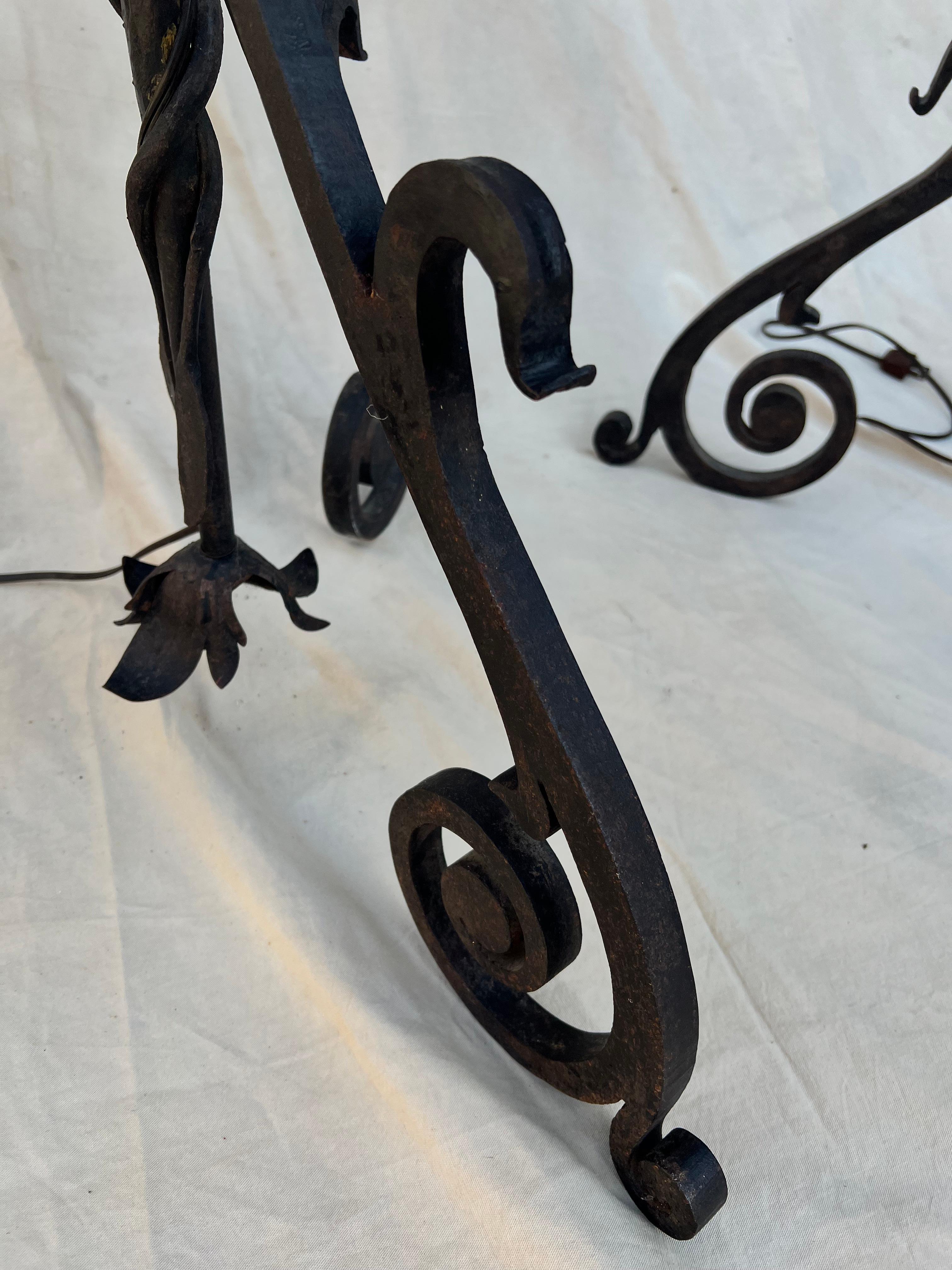 Wrought Iron Pair of Hand Wrought Twisted Iron Floor Lamps with Custom Parchment Shades  For Sale