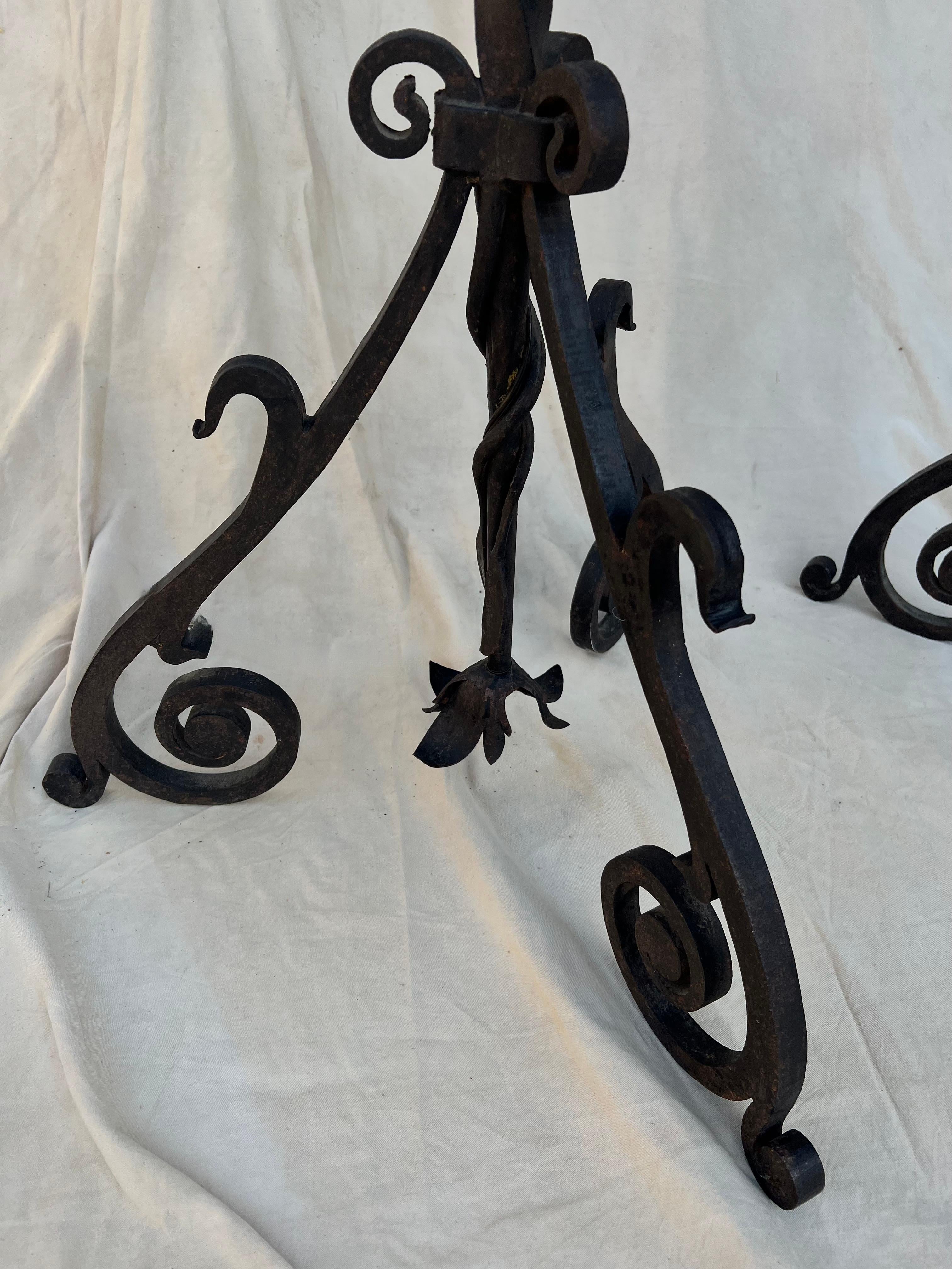 Pair of Hand Wrought Twisted Iron Floor Lamps with Custom Parchment Shades  For Sale 1