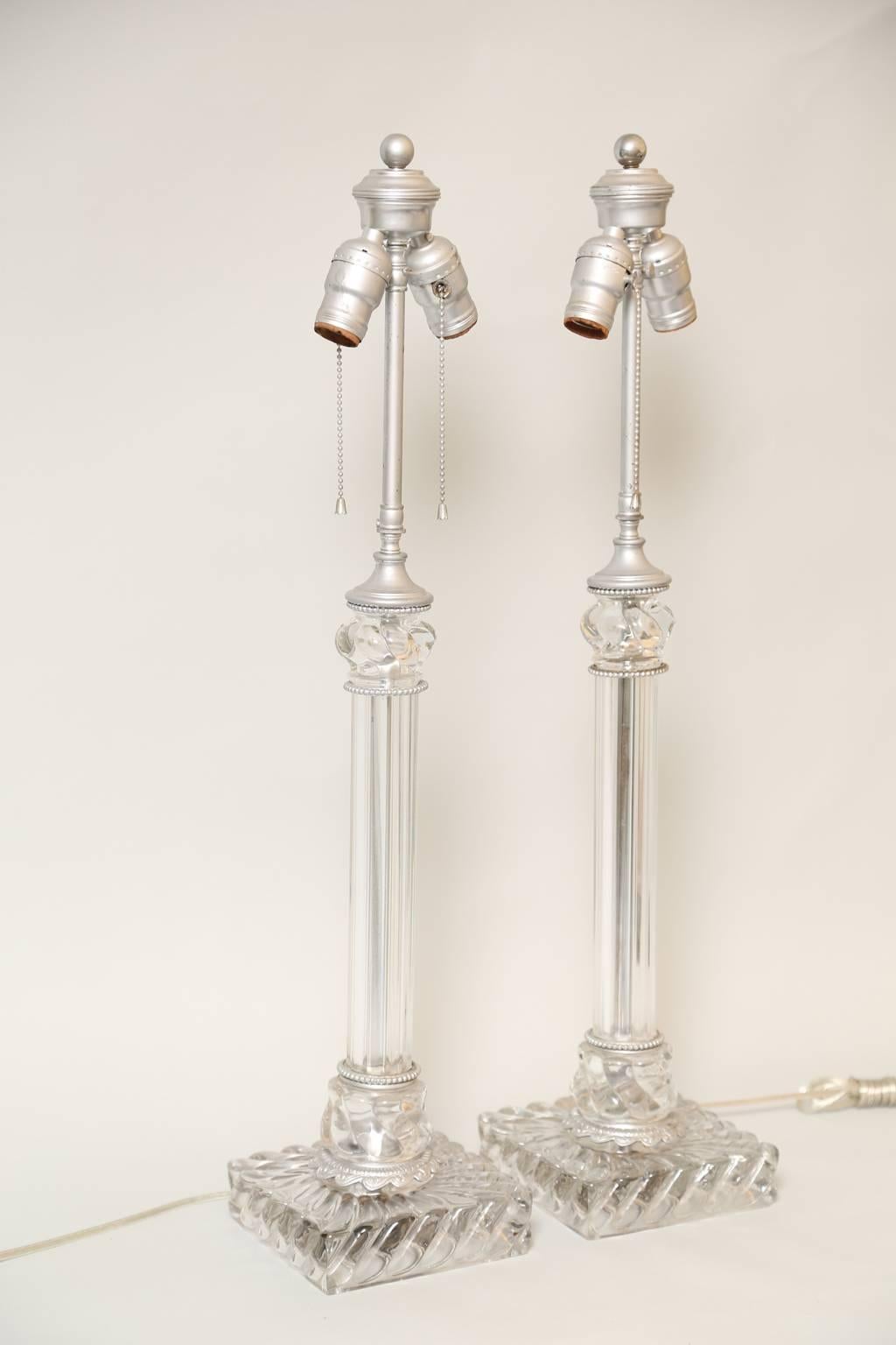 French Pair of Handblown Baccarat Columnar Lamps For Sale