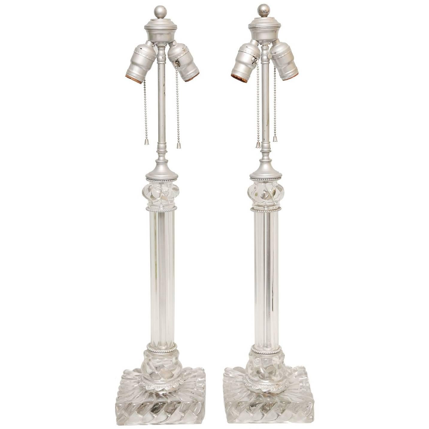 Pair of Handblown Baccarat Columnar Lamps For Sale