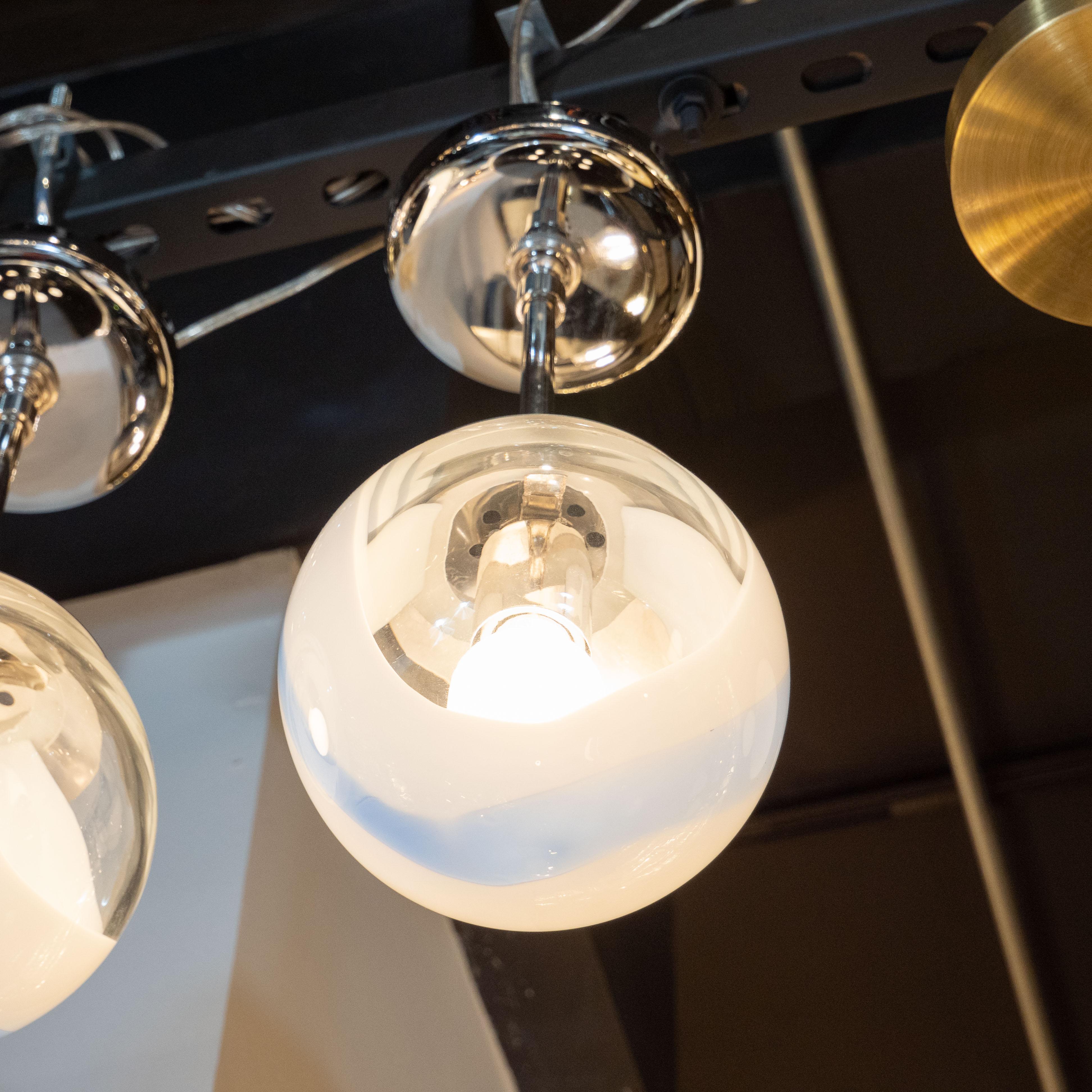 Pair of Handblown Custom Murano White/Indigo Glass Pendants with Chrome Fittings In New Condition In New York, NY