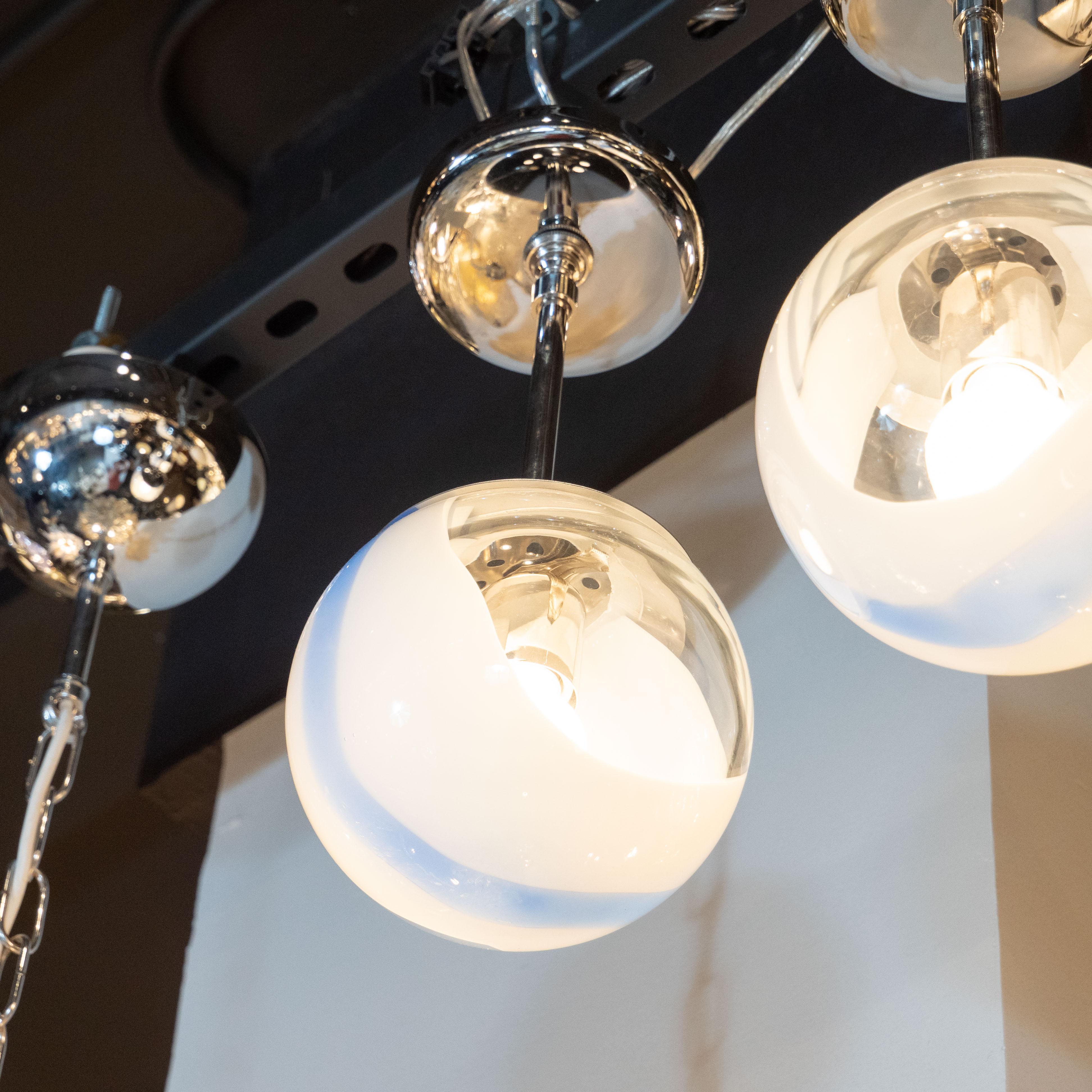 Contemporary Pair of Handblown Custom Murano White/Indigo Glass Pendants with Chrome Fittings