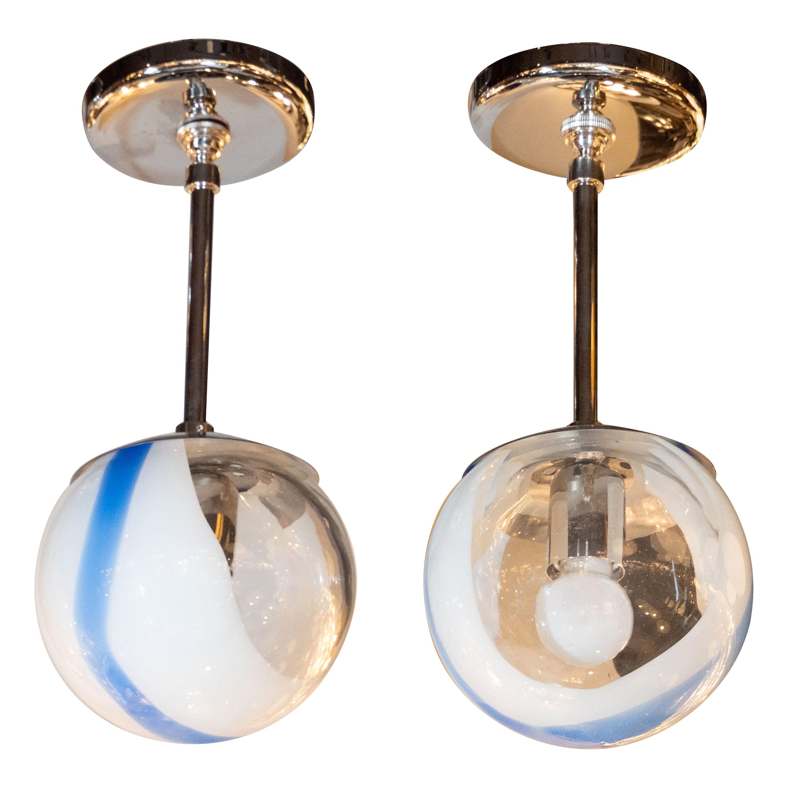 Pair of Handblown Custom Murano White/Indigo Glass Pendants with Chrome Fittings