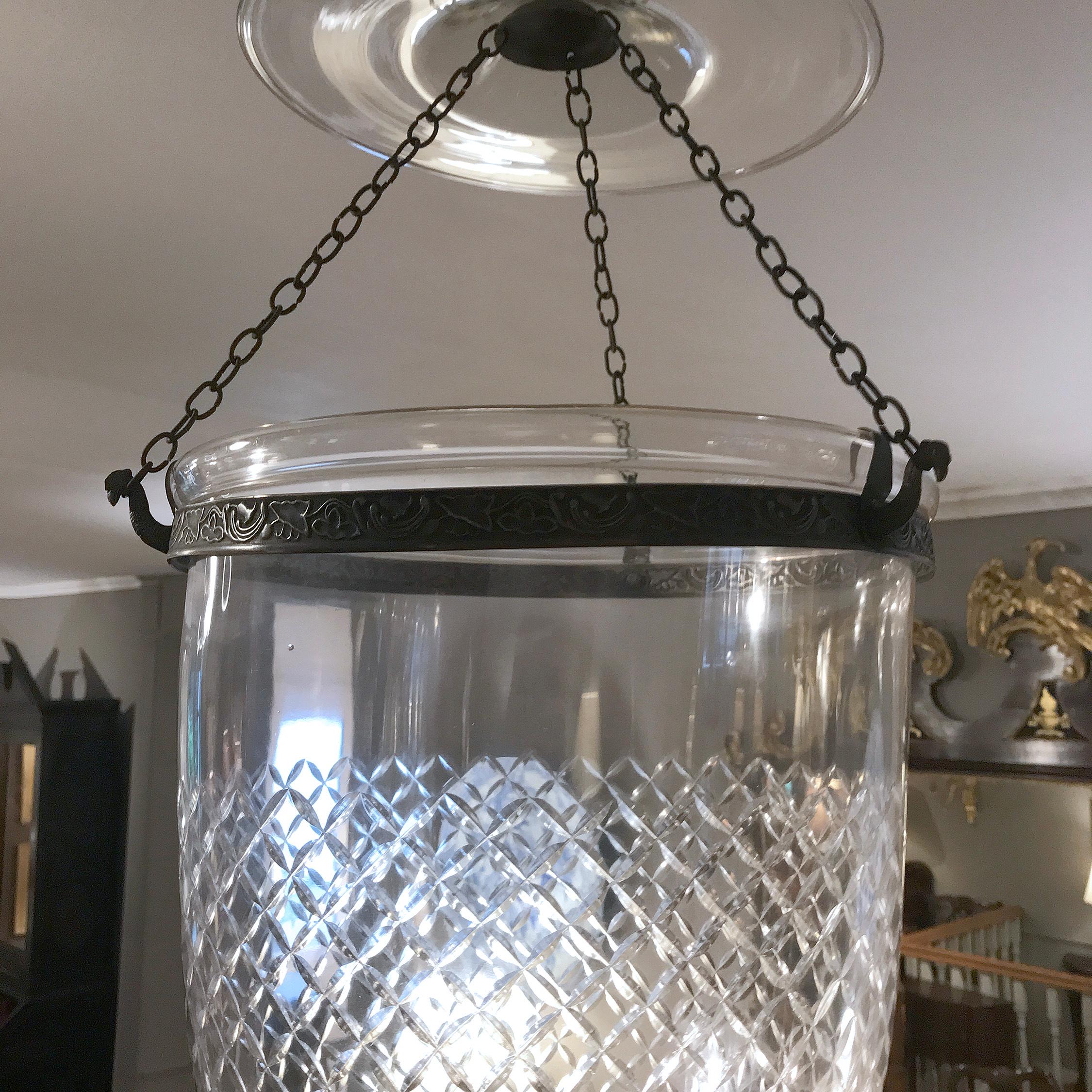 High Victorian Pair of Handblown Glass Bell Jar Lanterns with Diamond Etching