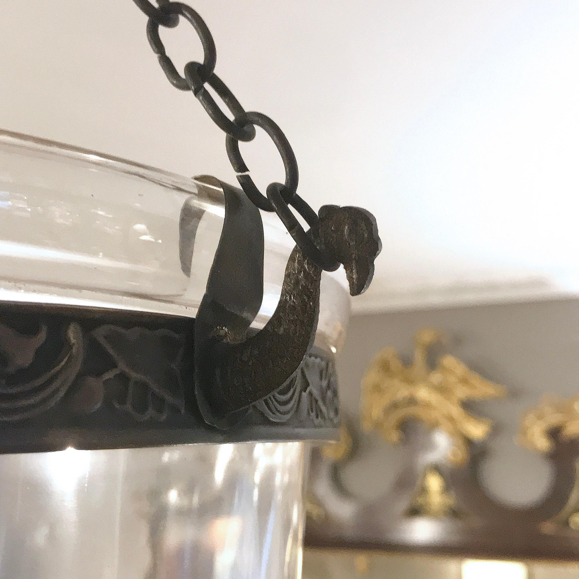 English Pair of Handblown Glass Bell Jar Lanterns with Diamond Etching