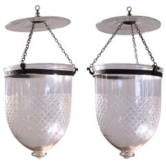Pair of Handblown Glass Bell Jar Lanterns with Diamond Etching