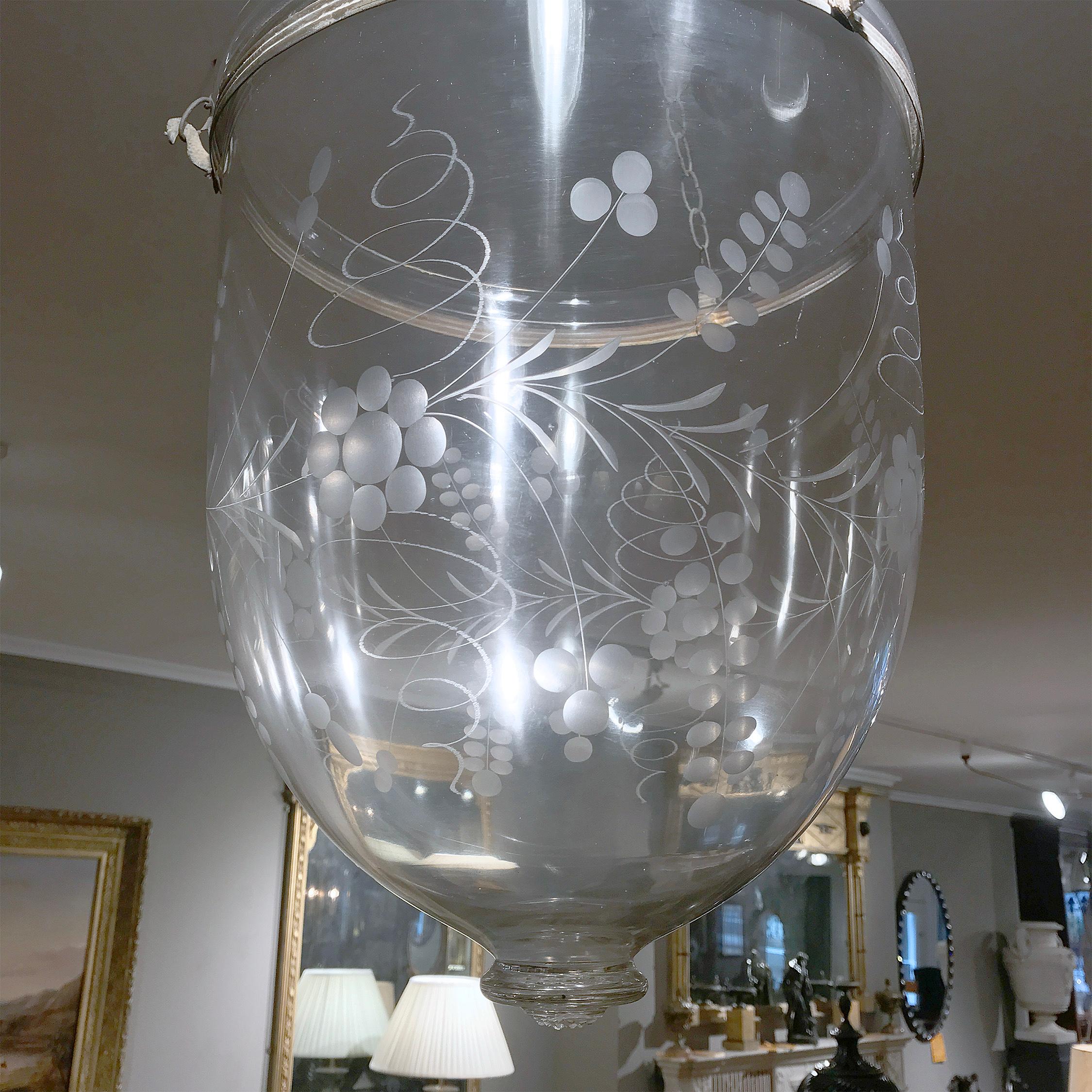 High Victorian Pair of Handblown Glass Bell Jar Lanterns with Grape Etching