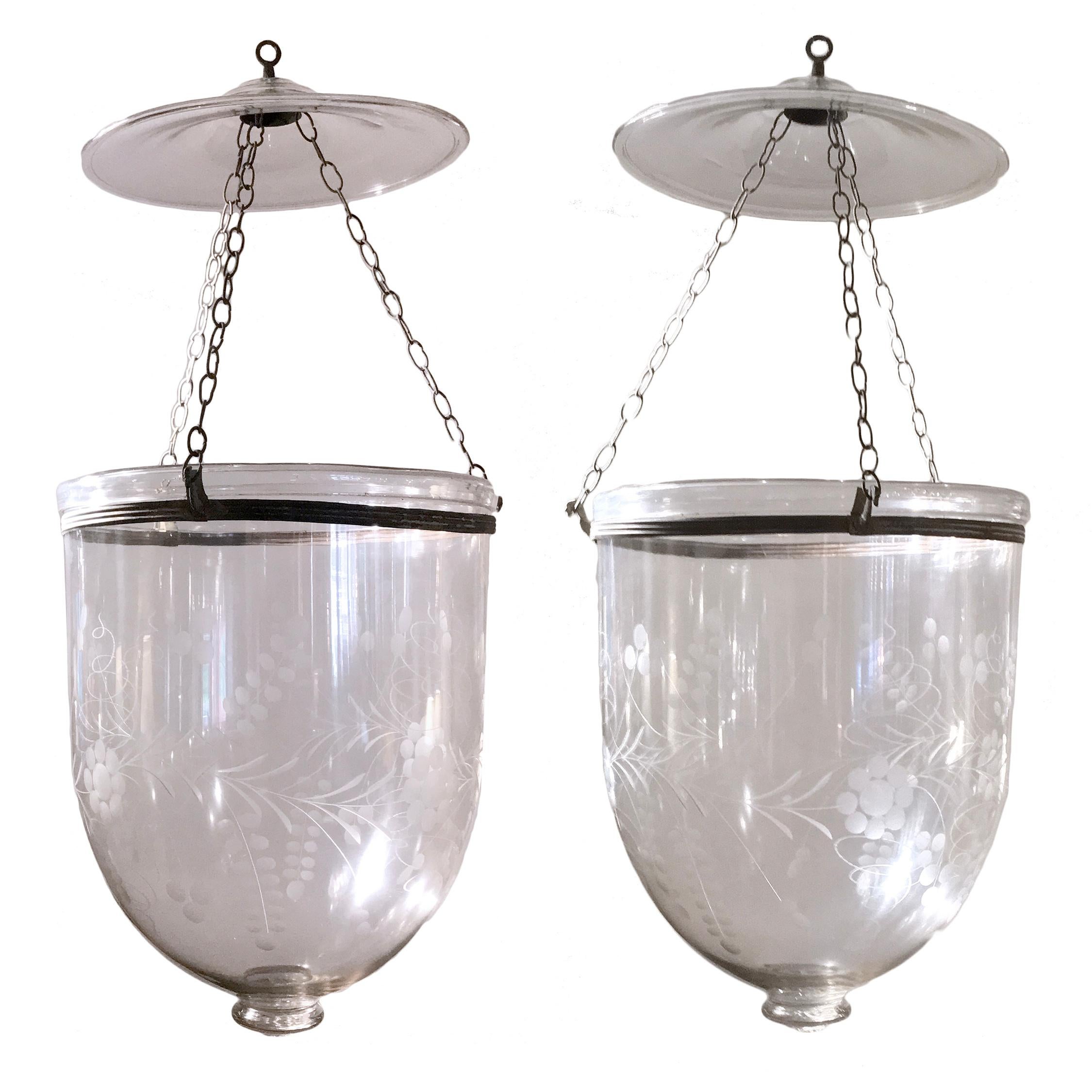 Pair of Handblown Glass Bell Jar Lanterns with Grape Etching
