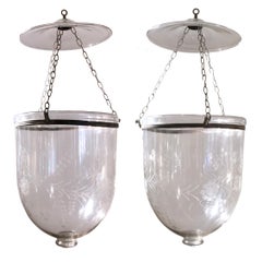 Pair of Handblown Glass Bell Jar Lanterns with Grape Etching