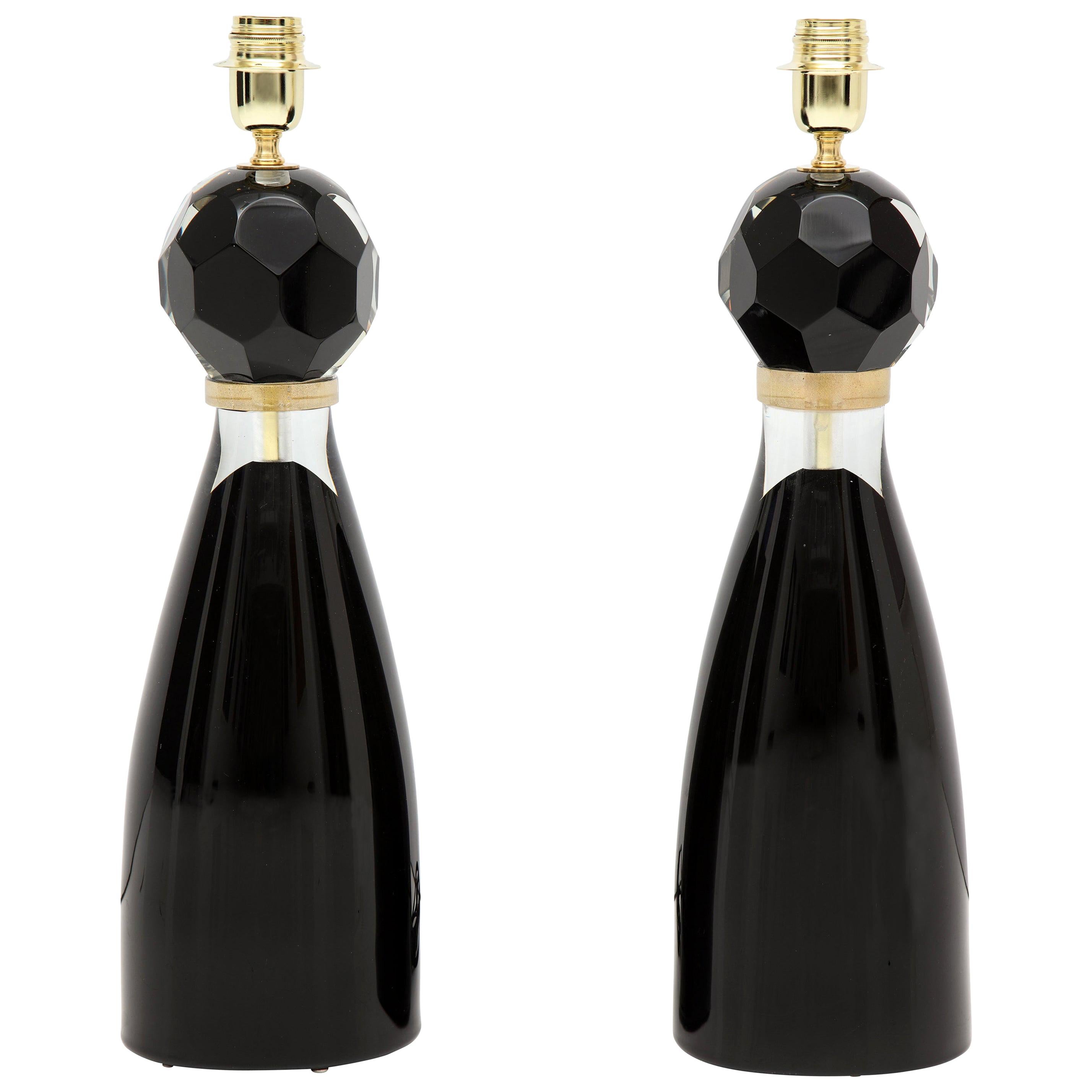 Pair of Handblown Modern Black and Gold Murano Glass Lamps, Italy, Signed For Sale