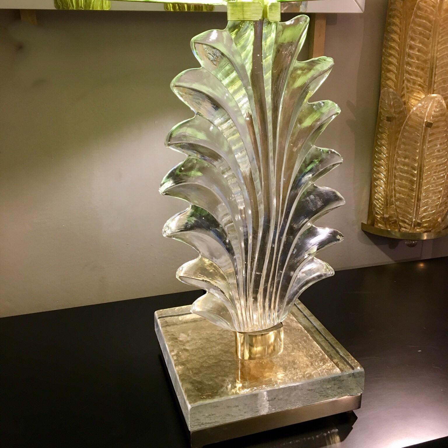 Pair of Hand Blown Murano Clear Glass Leaves Table Lamps, 1940s 2