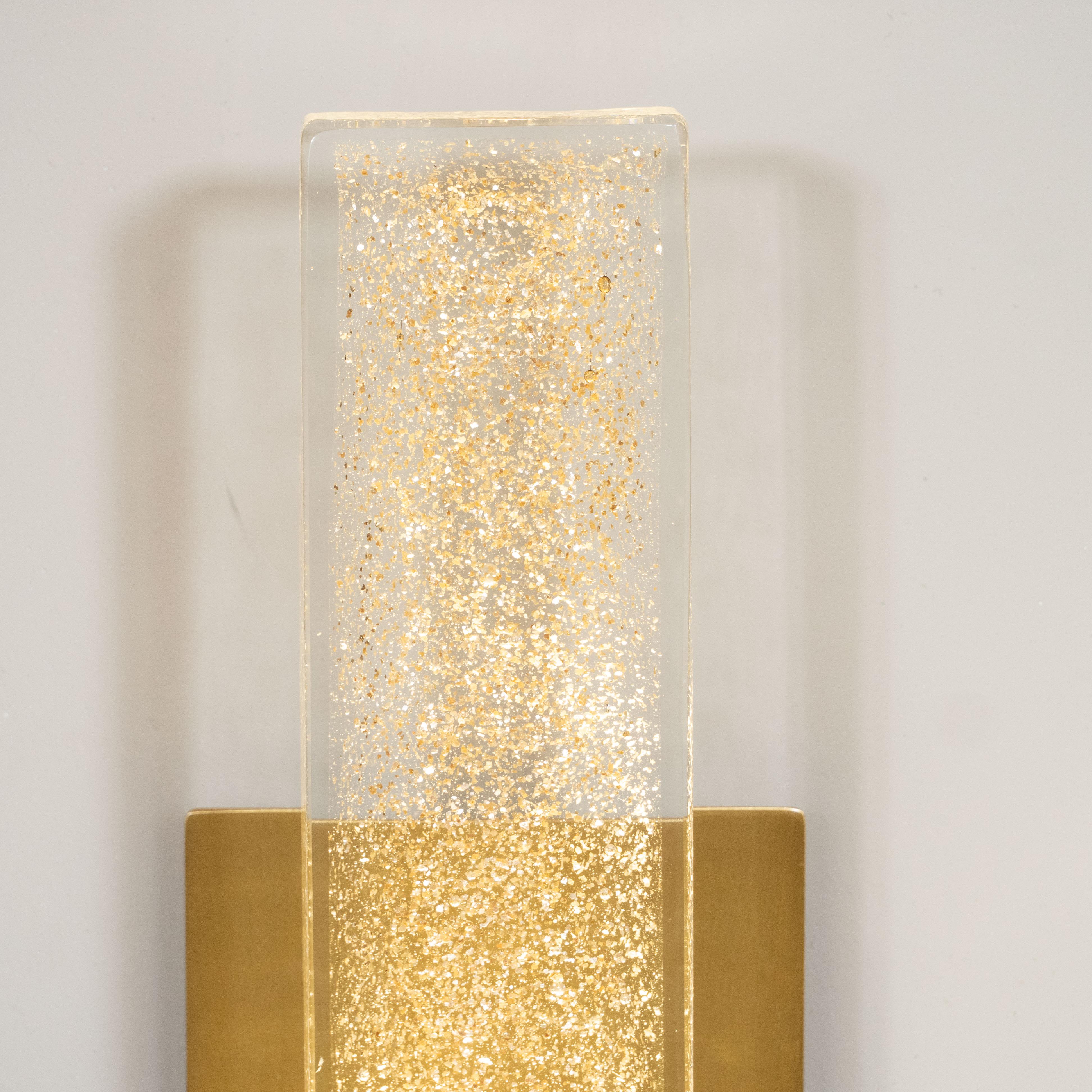 Italian Pair of Handblown Murano Glass & Brushed Brass Sconces with 24-Karat Gold Flecks