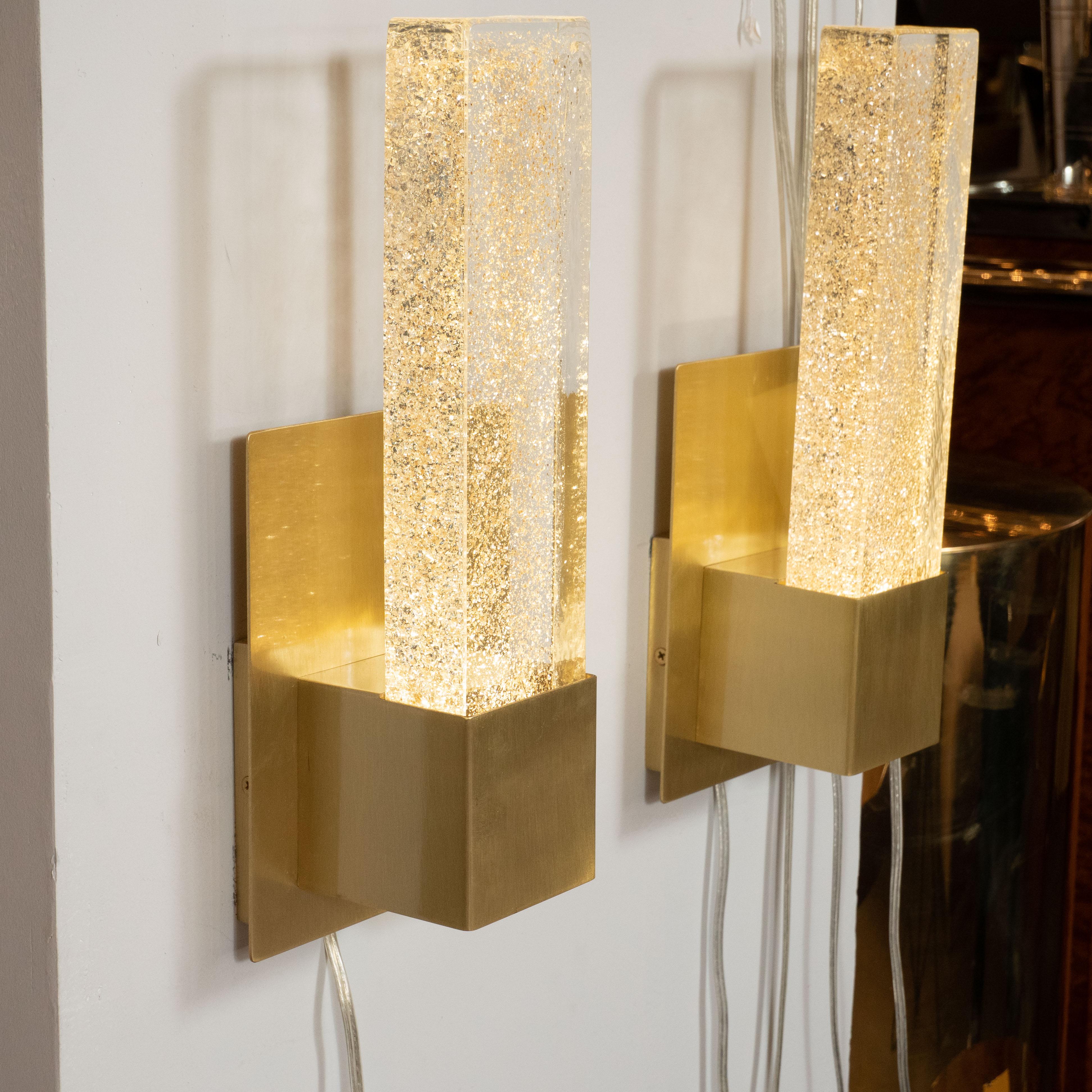 Pair of Handblown Murano Glass & Brushed Brass Sconces with 24-Karat Gold Flecks In New Condition In New York, NY