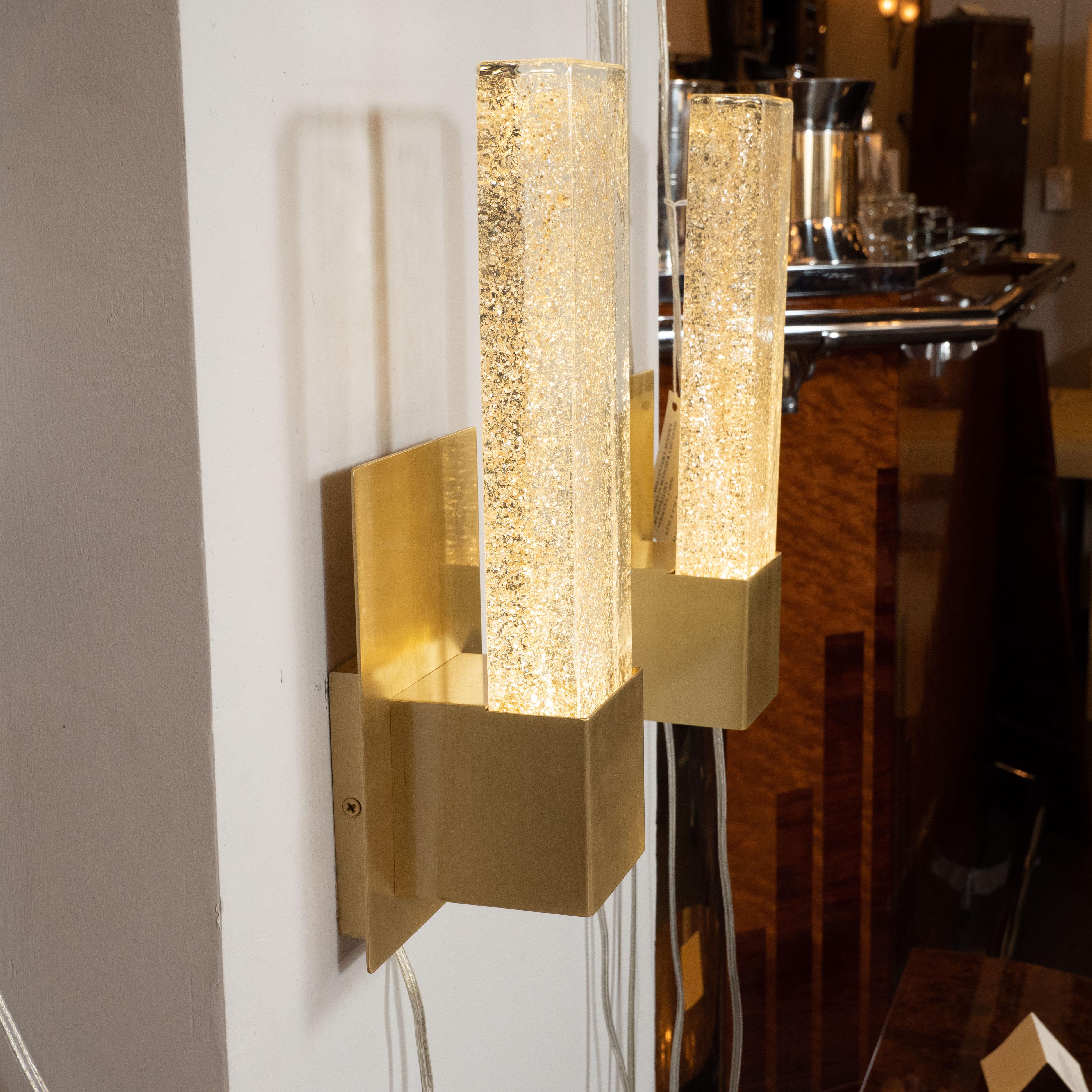 Contemporary Pair of Handblown Murano Glass & Brushed Brass Sconces with 24-Karat Gold Flecks