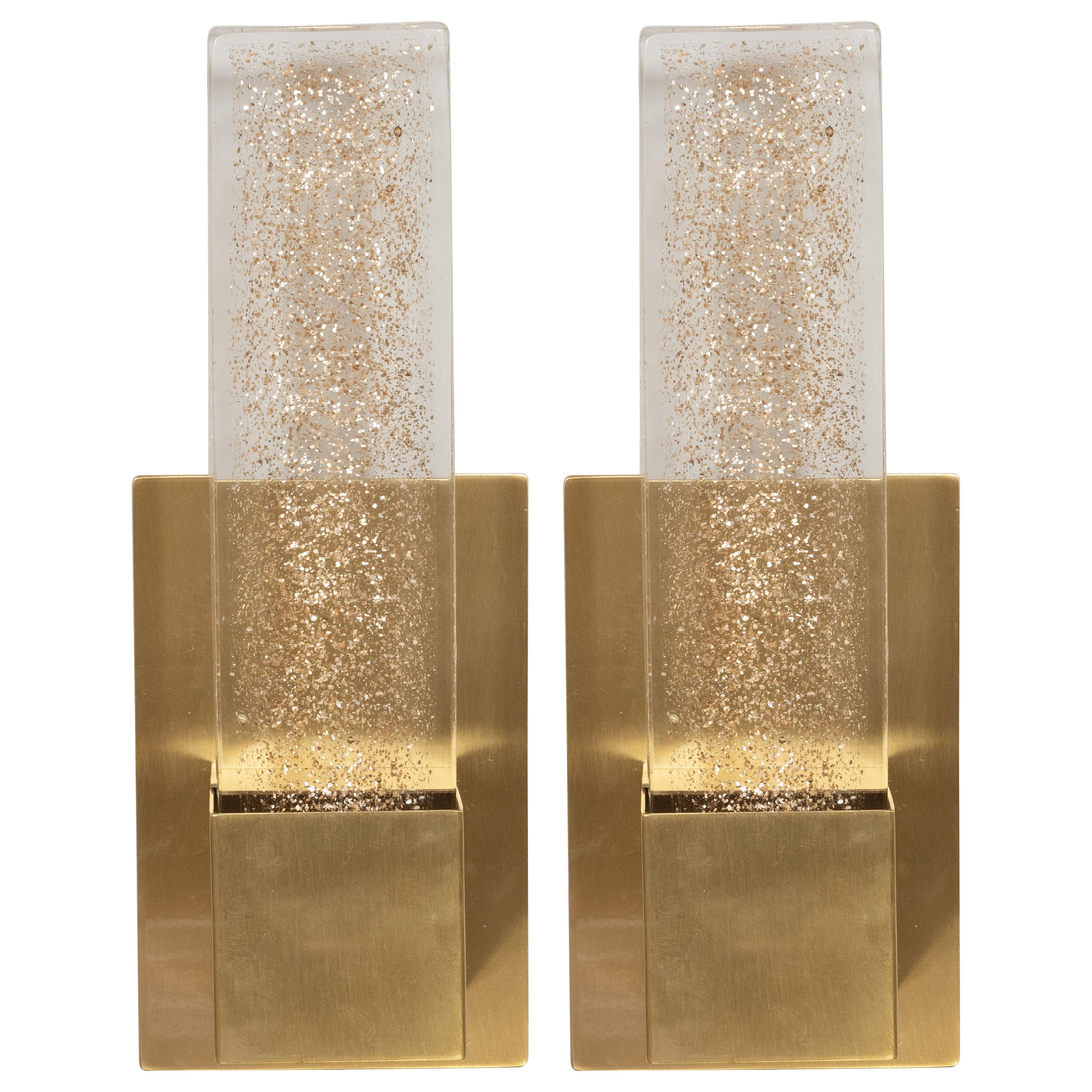 Pair of Handblown Murano Glass & Brushed Brass Sconces with 24-Karat Gold Flecks For Sale