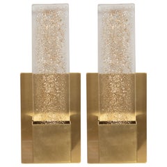 Pair of Handblown Murano Glass & Brushed Brass Sconces with 24-Karat Gold Flecks