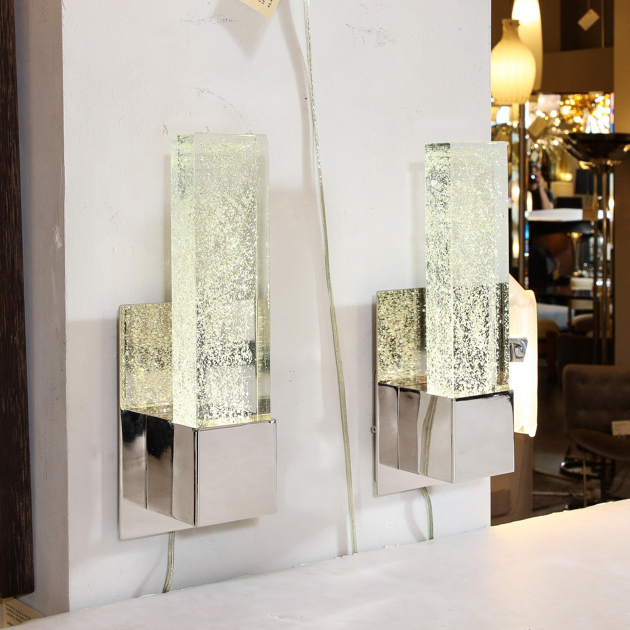 Modern Pair of Hand Blown Murano Glass Sconces in Nickel W/ 24-Karat Gold Flecks For Sale