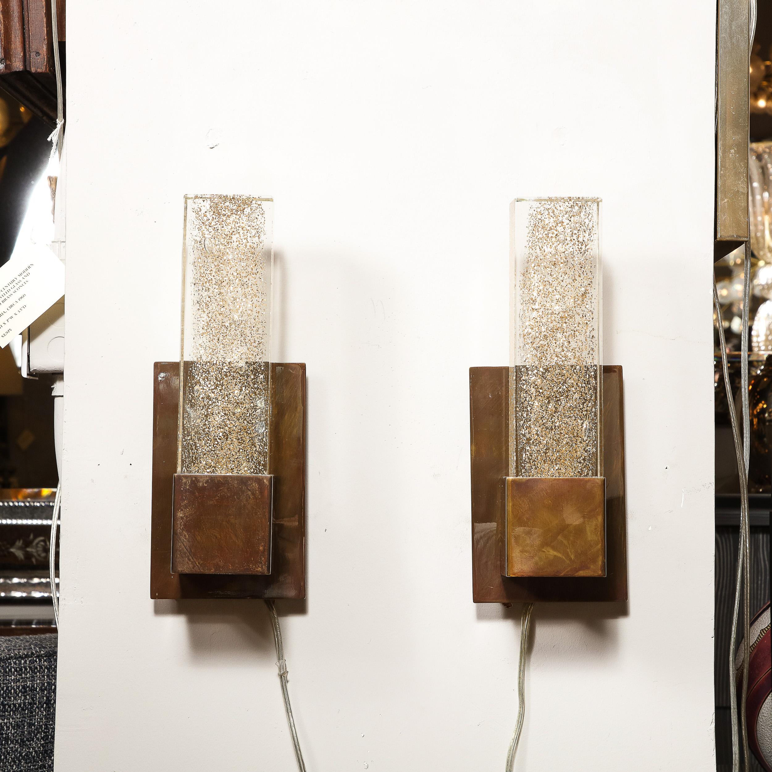 Modern Pair of Handblown Murano Sconces in Glass and Antiqued Brass with 24-Karat Gold