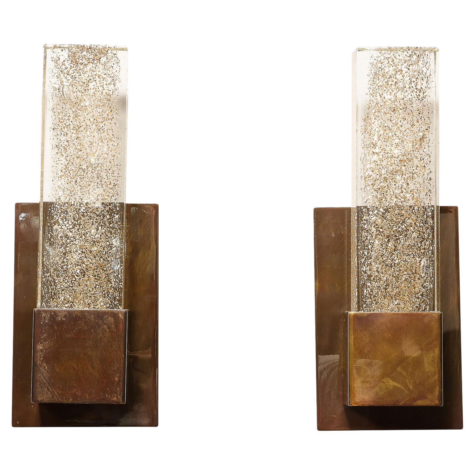 Pair of Handblown Murano Sconces in Glass and Antiqued Brass with 24-Karat Gold For Sale