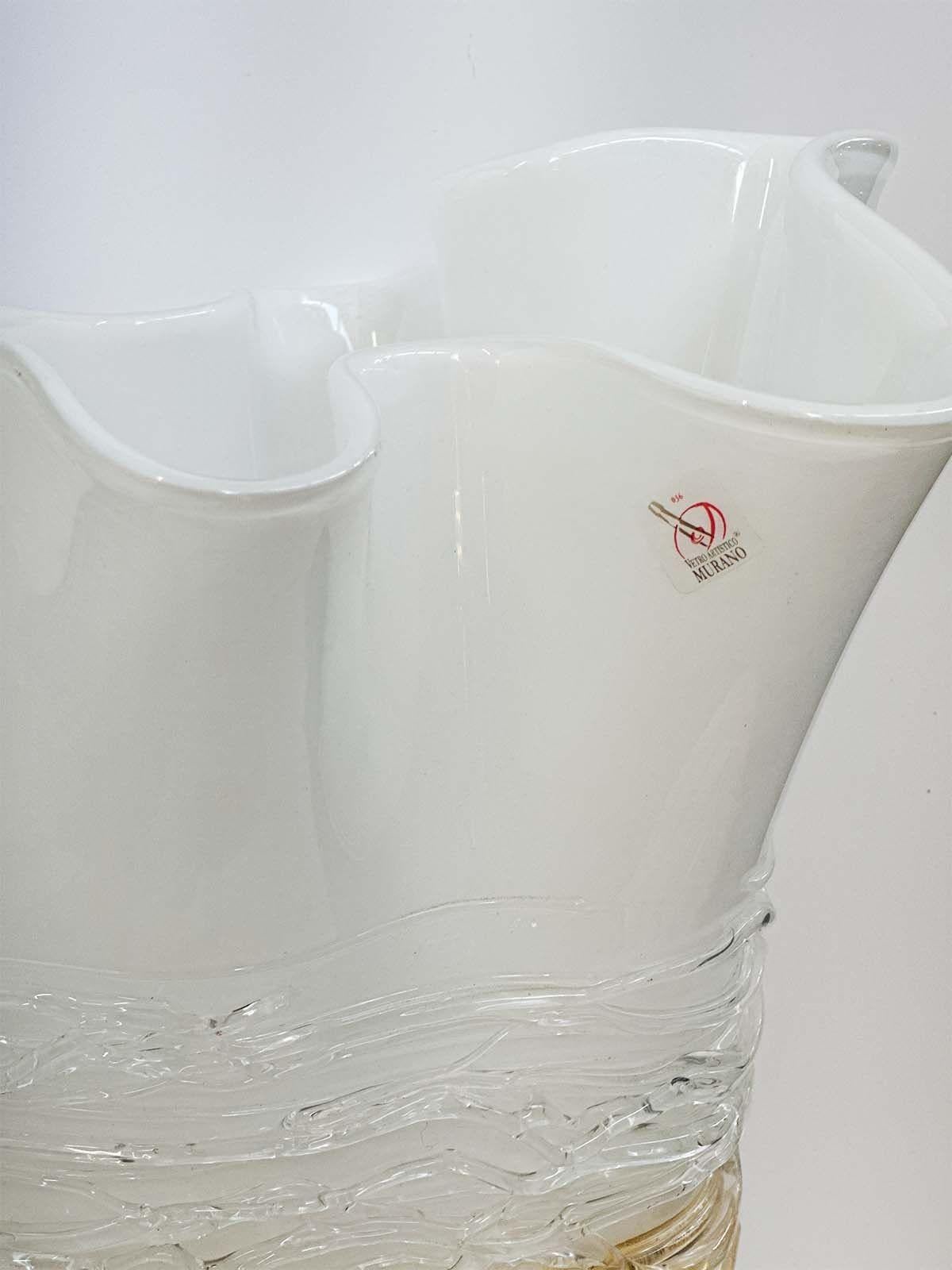 Italian Pair of Handblown Ruffled Murano Glass Vases by Camozzo For Sale