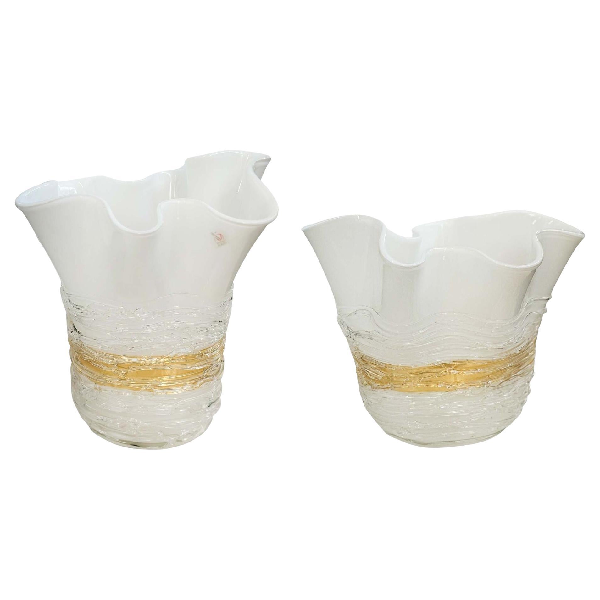 Pair of Handblown Ruffled Murano Glass Vases by Camozzo For Sale