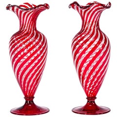 Pair of Handblown Venetian Red & Clear Optic Swirl Vases Attributed to Salviati