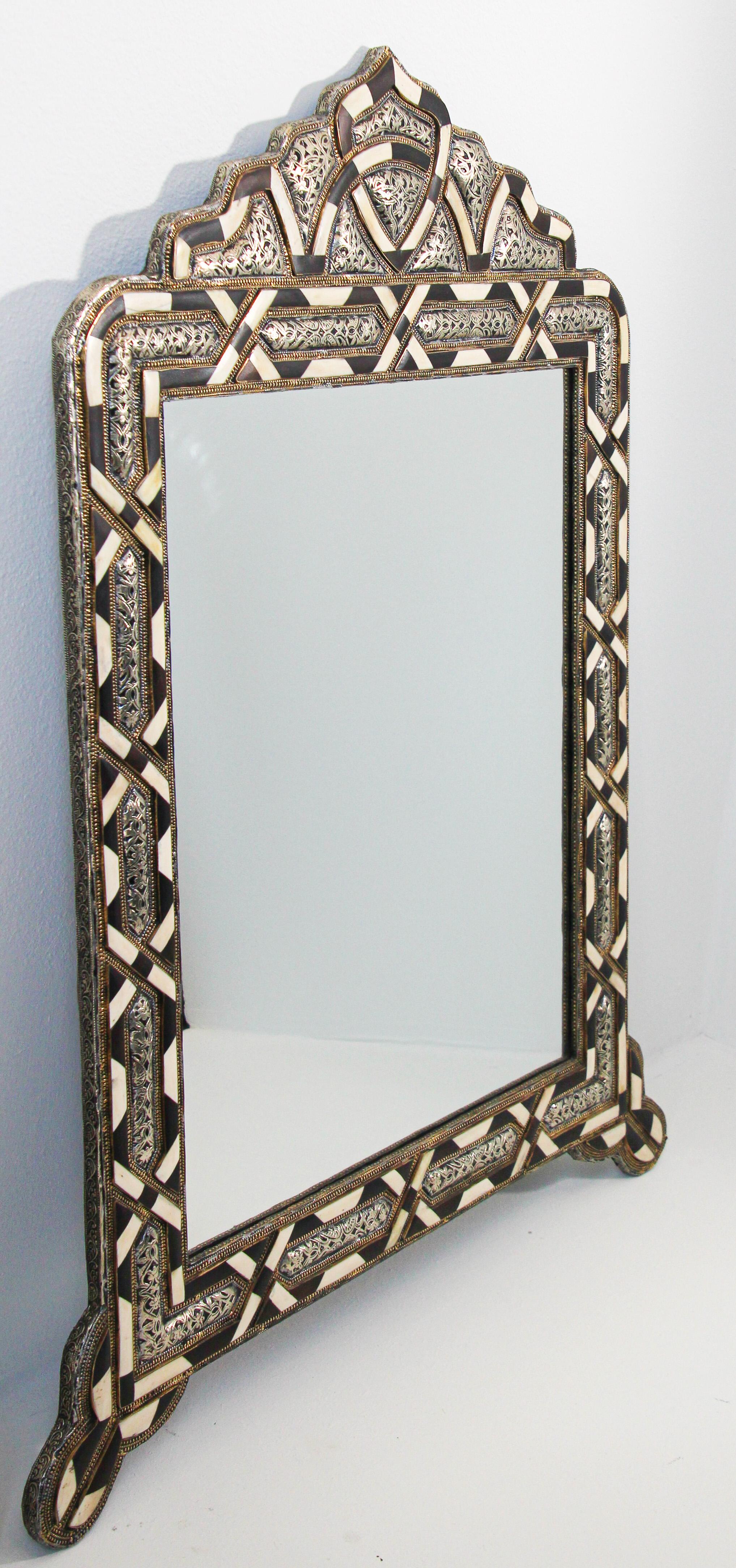 Pair of Handcrafted Bone Inlay Arched Moroccan Mirrors 12