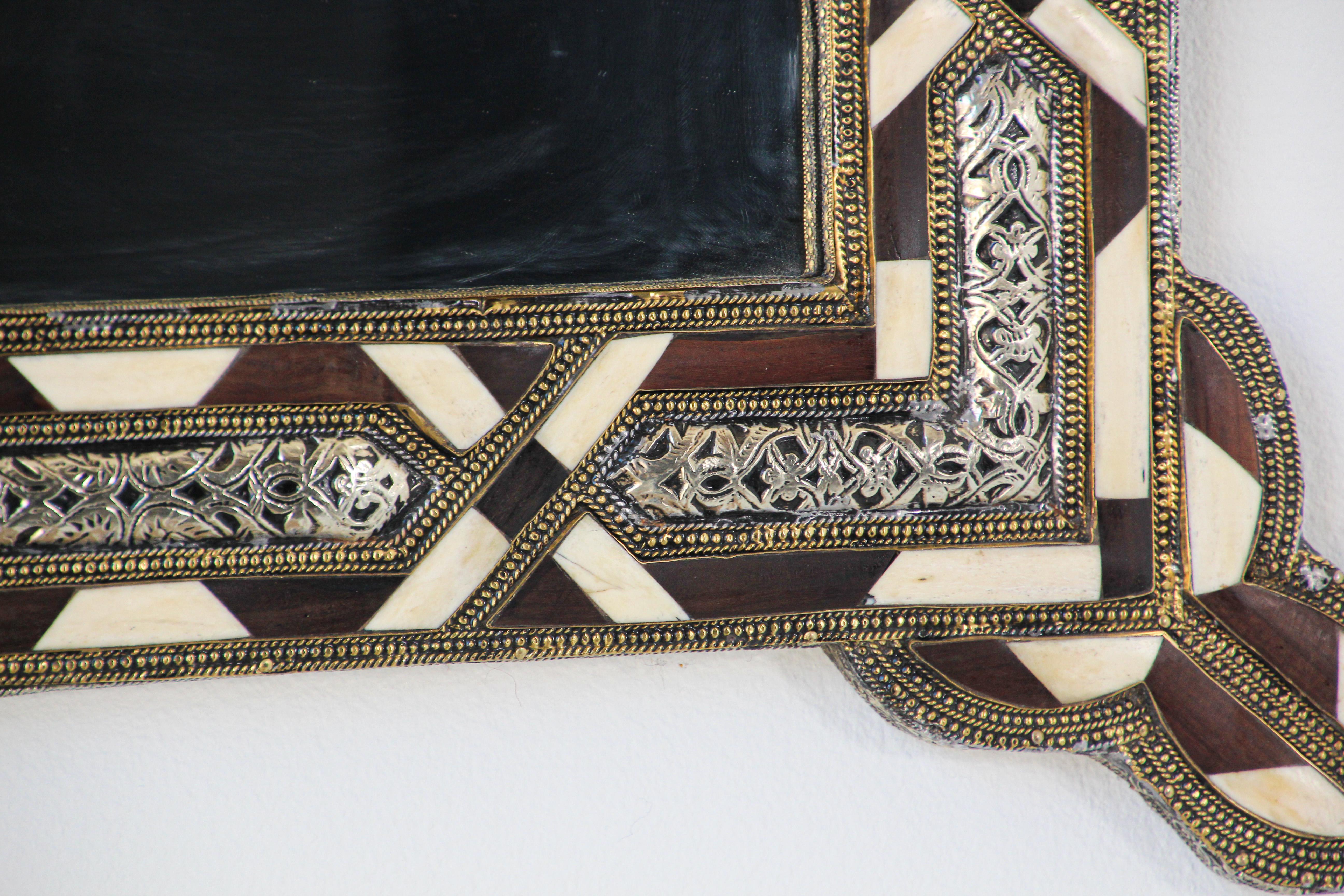 Wood Pair of Handcrafted Bone Inlay Arched Moroccan Mirrors
