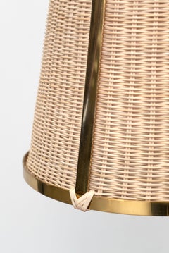Pair of Handcrafted Brass Framed Rattan Pendant Light Fixtures