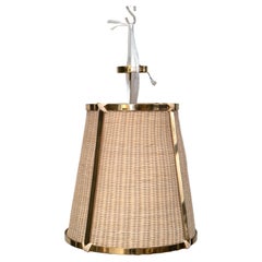 Pair of Handcrafted Brass Framed Rattan Pendant Light Fixtures