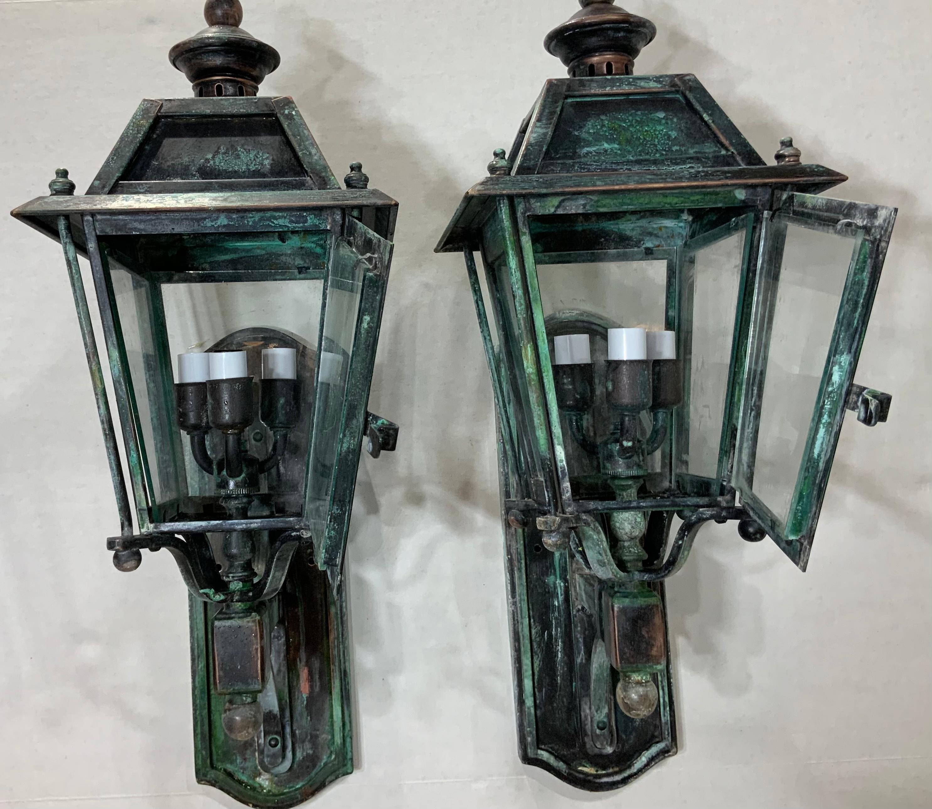 American Pair of Handcrafted Brass Wall Hanging Lanterns