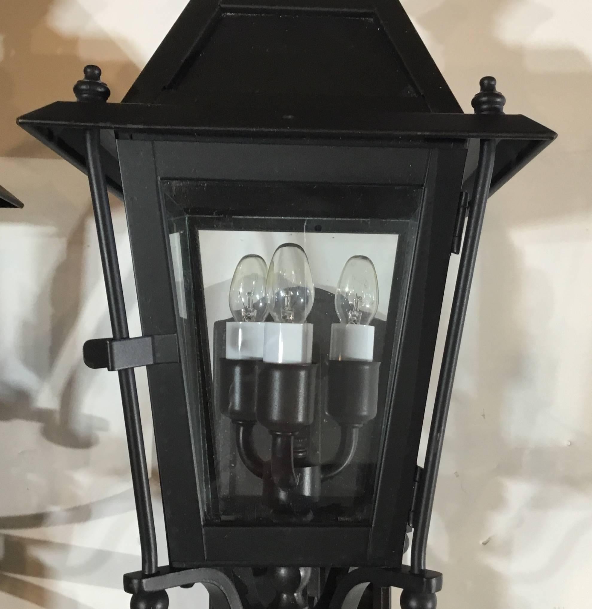 Pair of Handcrafted Brass Wall Hanging Lanterns In Excellent Condition In Delray Beach, FL