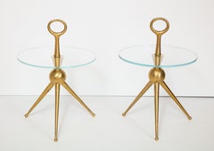 Pair of Handcrafted Bronze and Glass Tripod Martini Side Tables, Italy