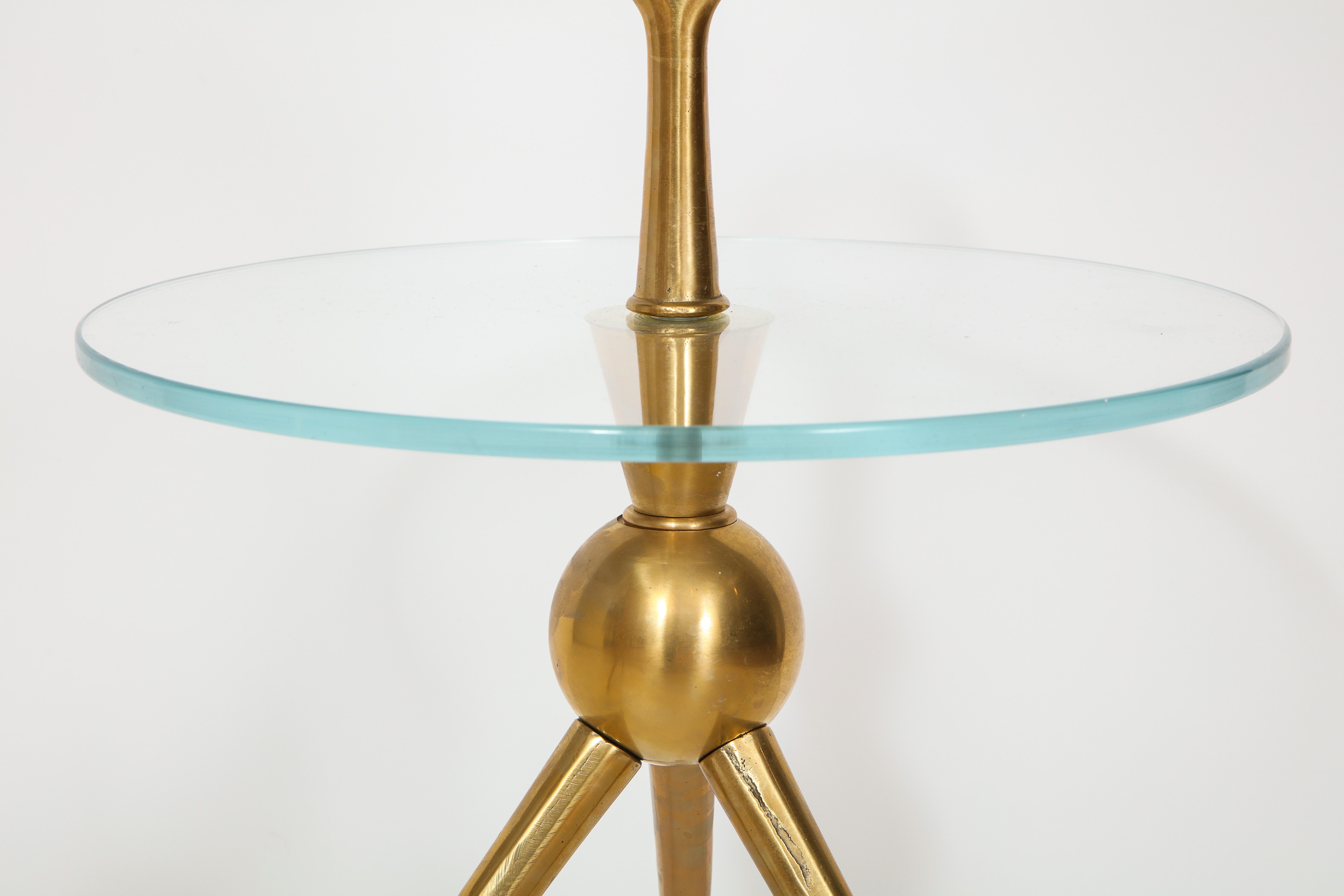 Italian Pair of Handcrafted Bronze and Glass Tripod Martini Side Tables, Italy