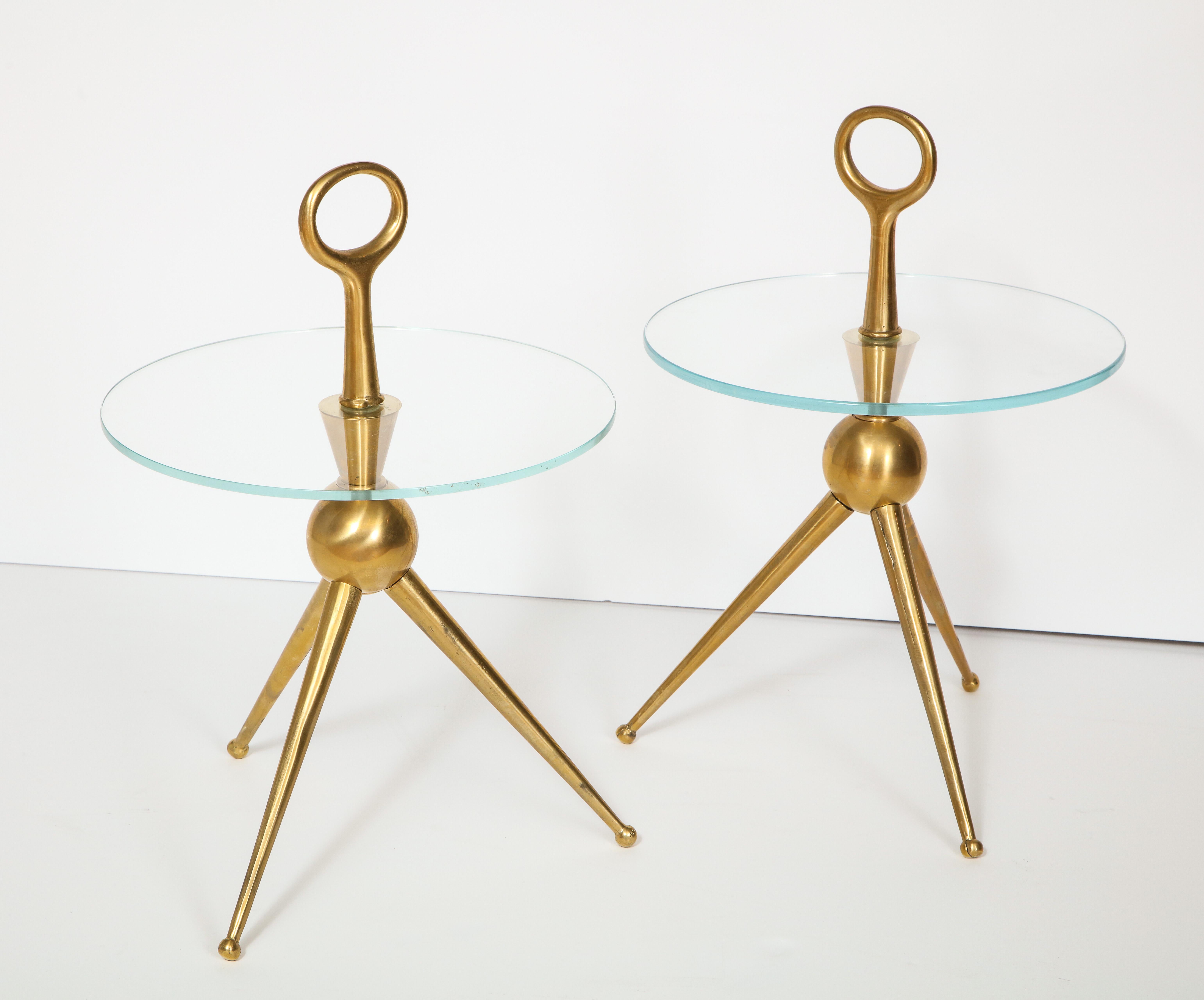 Hand-Crafted Pair of Handcrafted Bronze and Glass Tripod Martini Side Tables, Italy