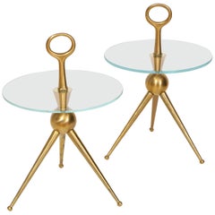 Pair of Handcrafted Bronze and Glass Tripod Martini Side Tables, Italy