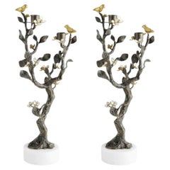 Pair of Handcrafted Bronze-Gold Lovebirds Candelabra