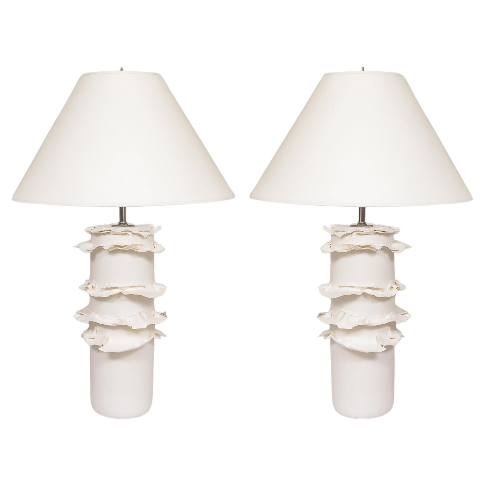 Pair of French Bespoke Ceramic Ruffle Lamps