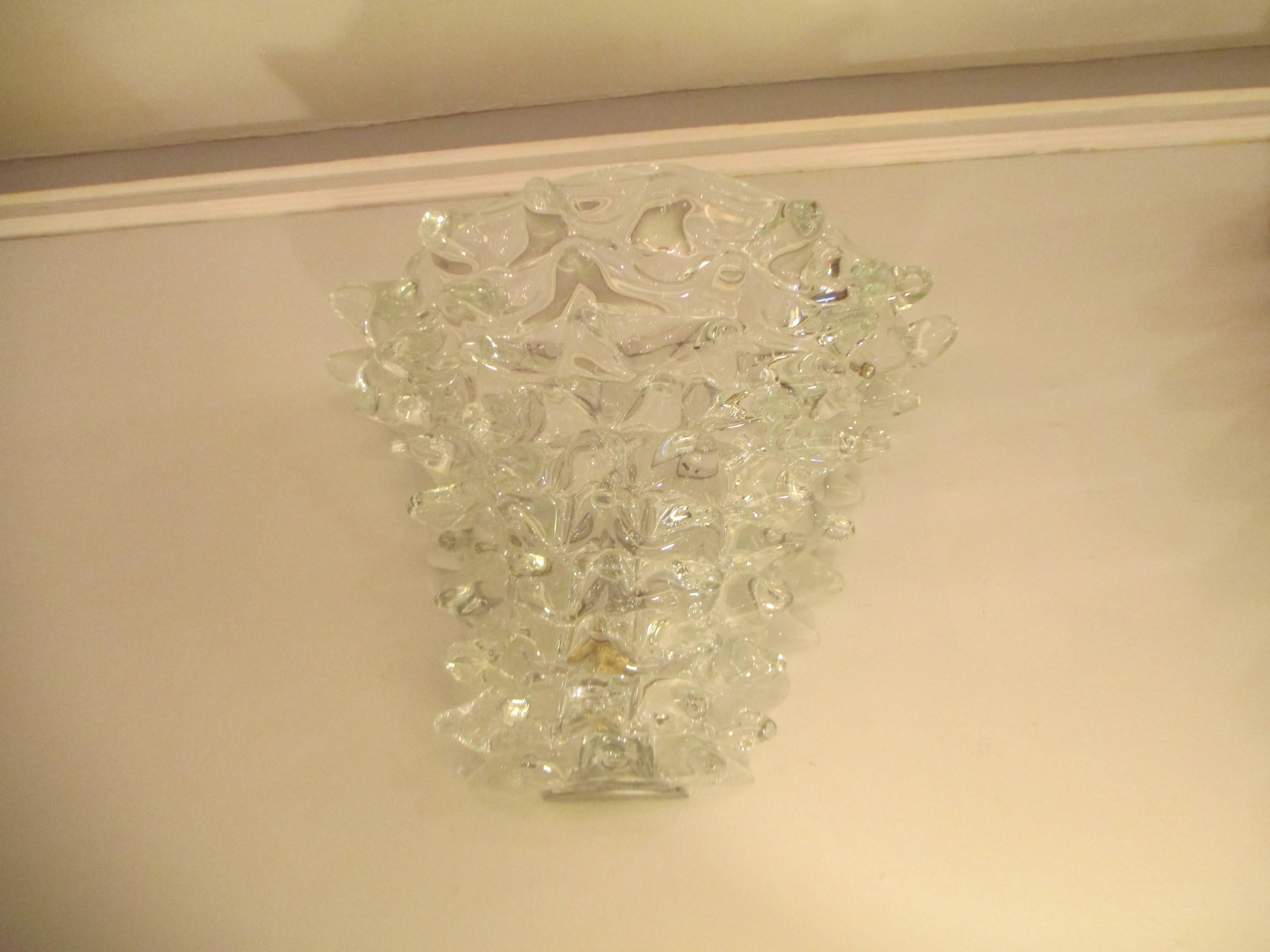 Italian Pair of Custom Handcrafted Clear Murano Glass Sconces in the Manner of Barovier For Sale