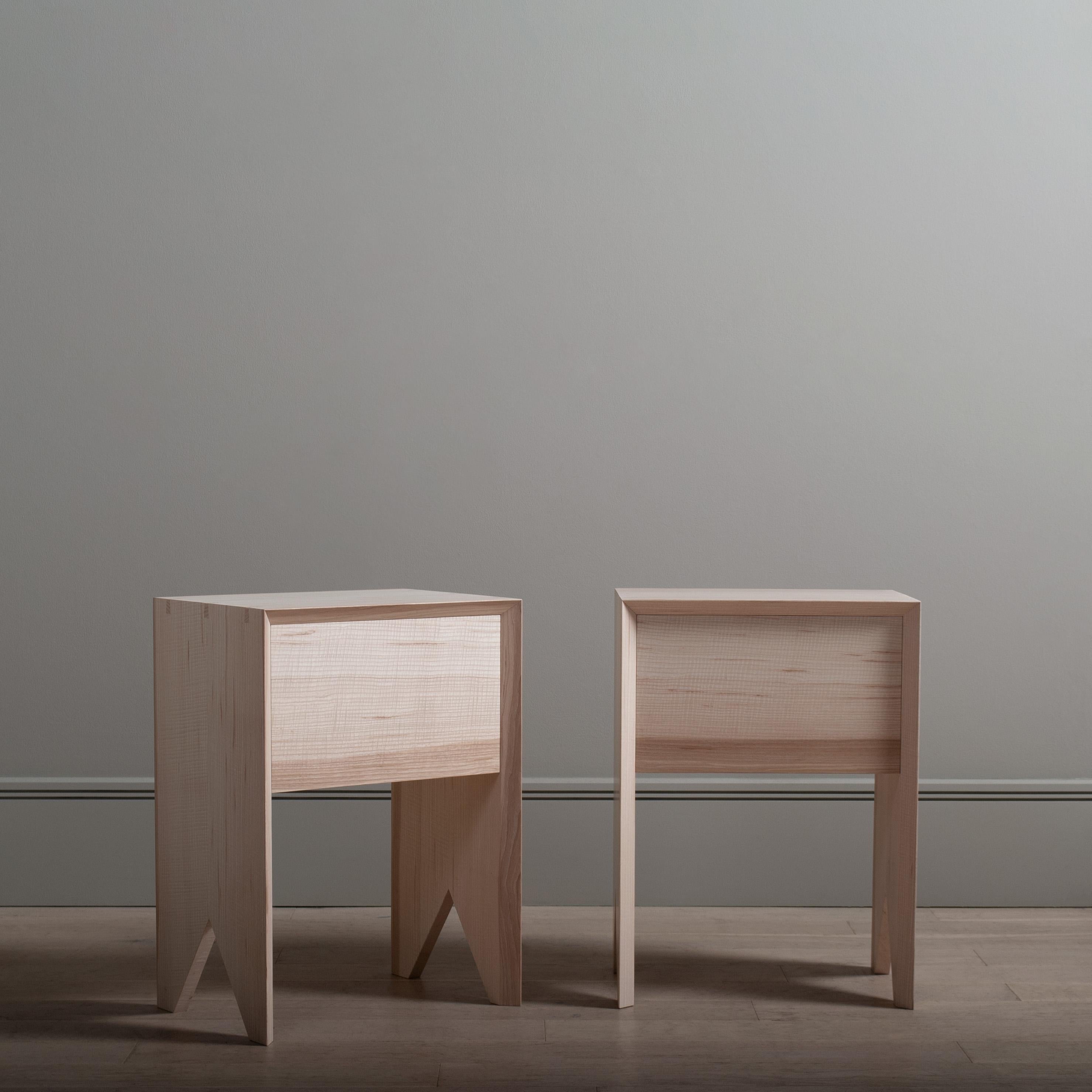 Contemporary Pair of Handcrafted English Ash End Tables / Drawers. For Sale